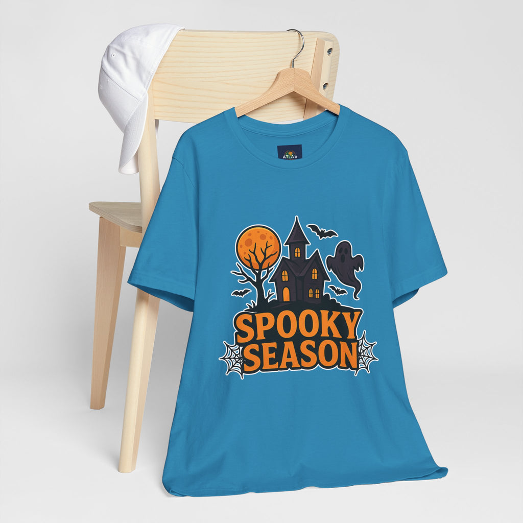 Spooky Season Halloween T-Shirt - Haunted House Ghost Bat Graphic Tee | Halloween Landscape Shirt - Atlas Briefly