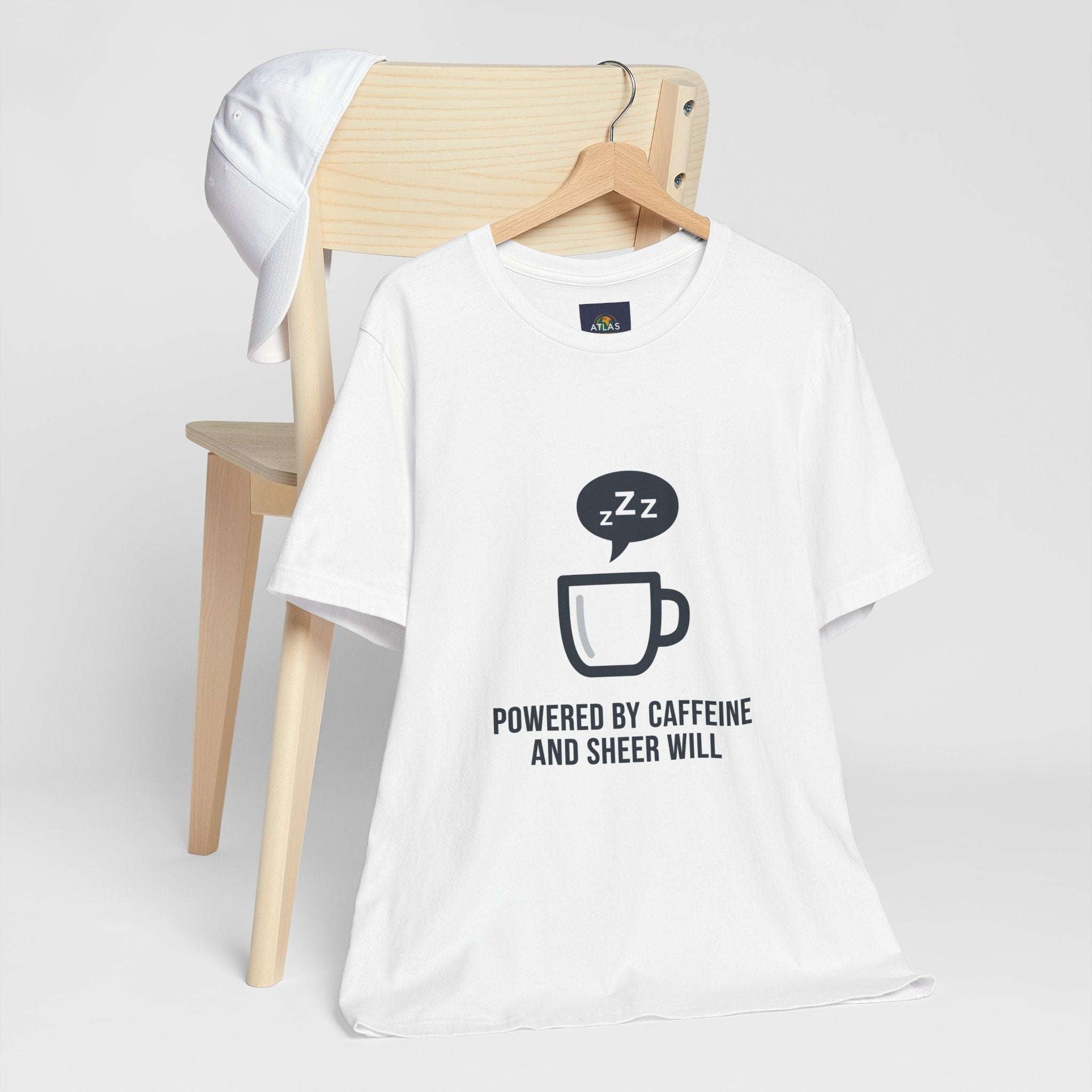 Powered by Caffeine T-Shirt - Funny Coffee Tee for Coffee Lovers - Atlas Briefly