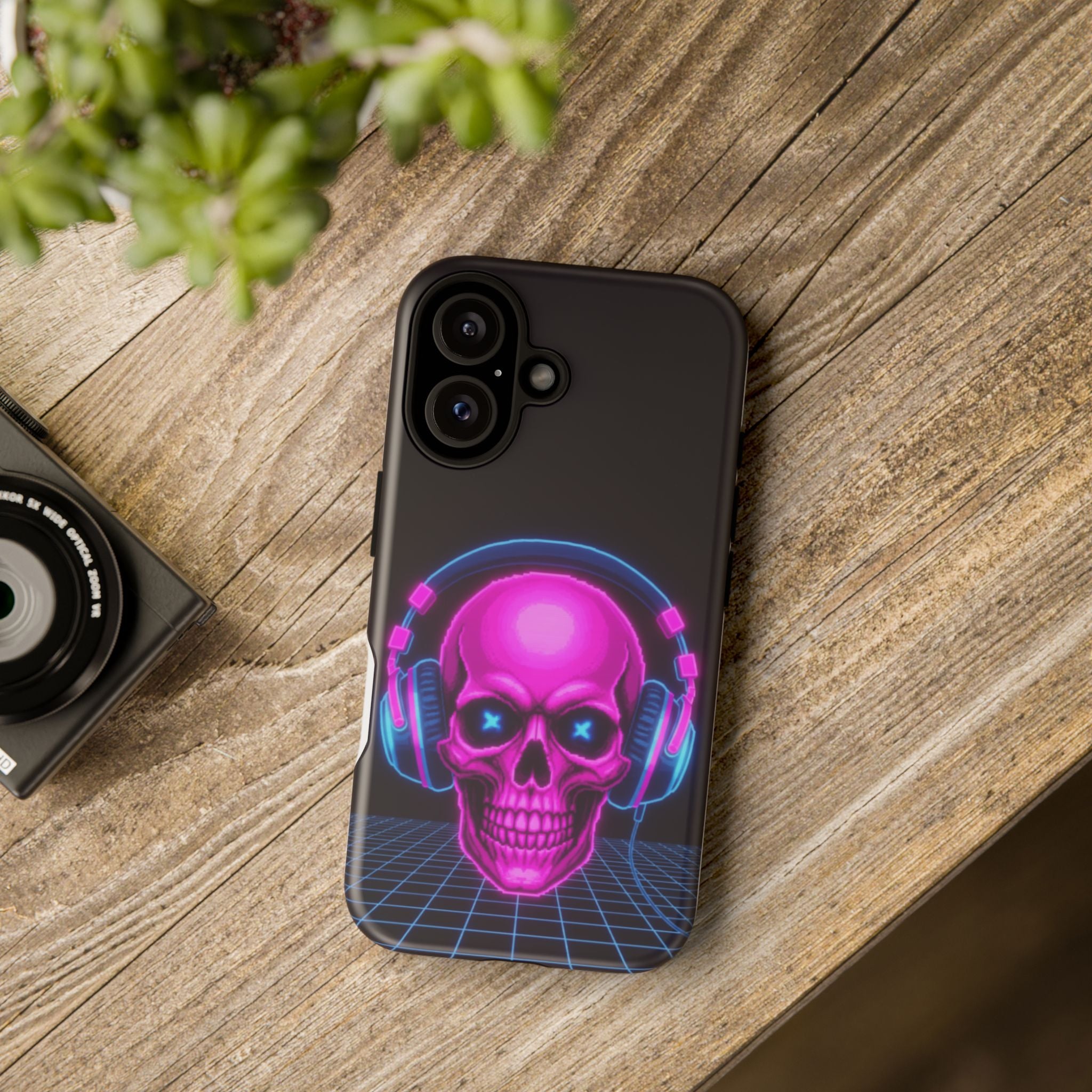 Neon Skull Synthwave Phone Case - Retro 80s Cyberpunk Mobile Cover | Vaporwave Tech Gift - Atlas Briefly