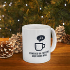 Powered by Caffeine and Sheer Will Mug - Funny Coffee Cup | Minimalist Humor Gift US Version - Atlas Briefly