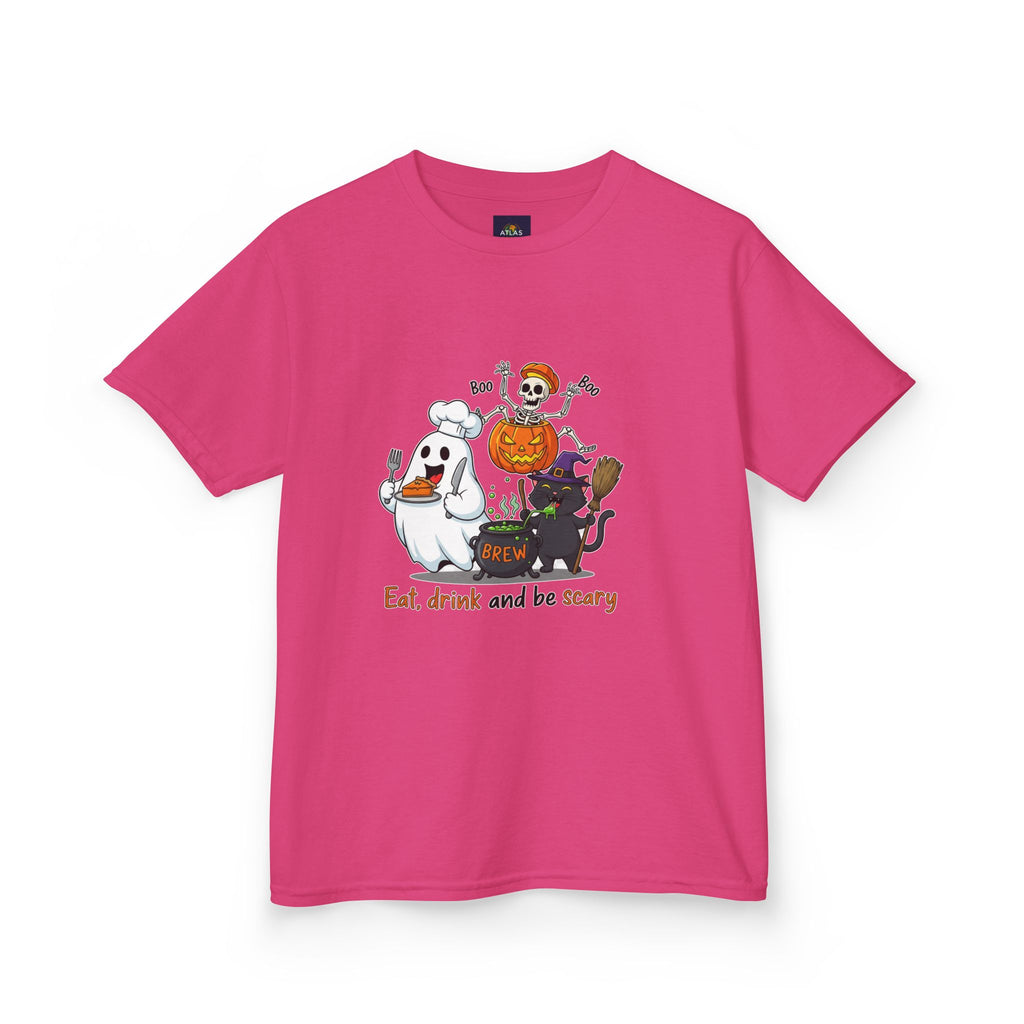 Eat Drink and Be Scary Kids Halloween T-Shirt | Cute Ghost Skeleton Pumpkin Cat Shirt for Boys Girls Trick or Treat Tee - Atlas Briefly