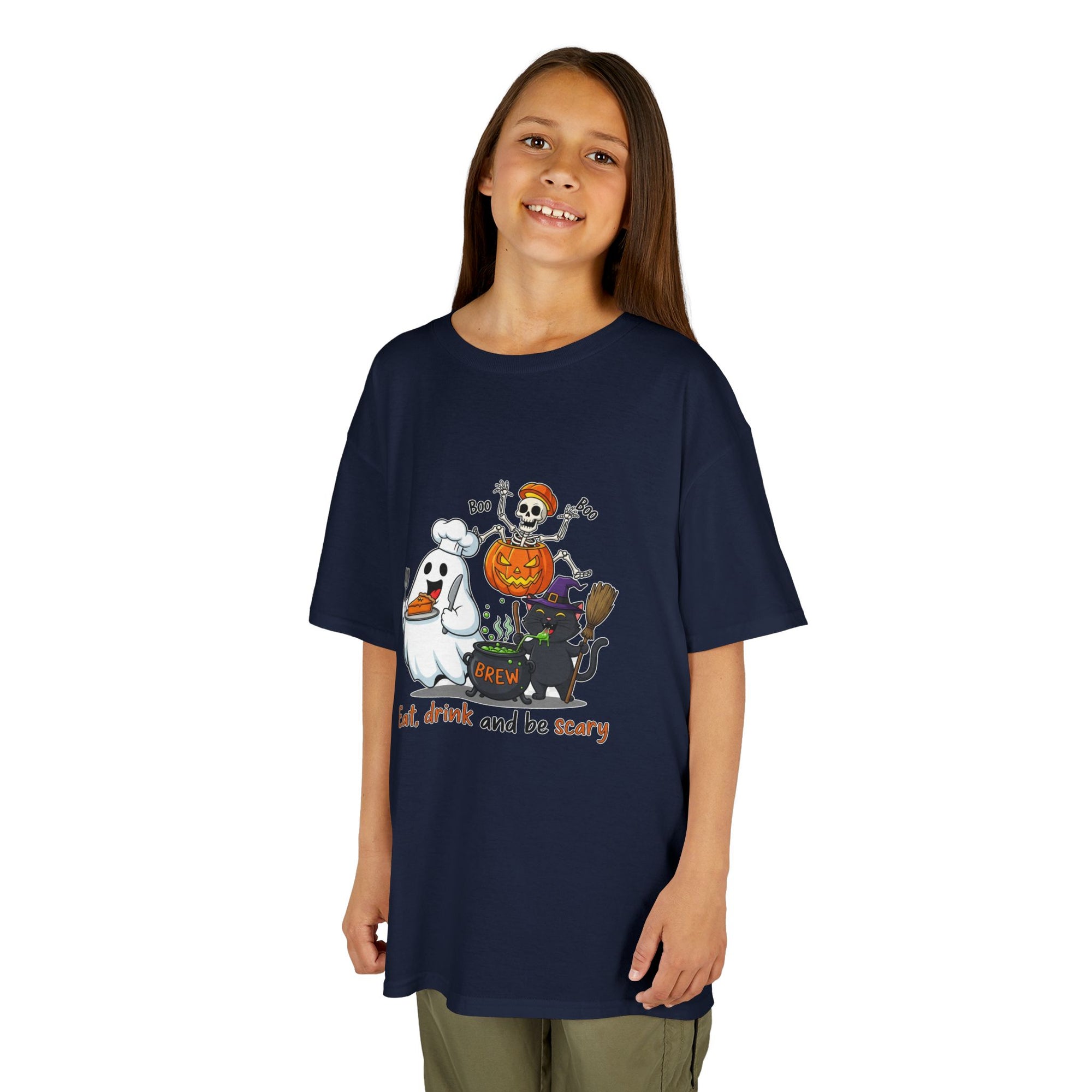 Eat Drink and Be Scary Kids Halloween T-Shirt | Cute Ghost Skeleton Pumpkin Cat Shirt for Boys Girls Trick or Treat Tee - Atlas Briefly