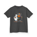 Eat Drink and Be Scary Kids Halloween T-Shirt | Cute Ghost Skeleton Pumpkin Cat Shirt for Boys Girls Trick or Treat Tee - Atlas Briefly