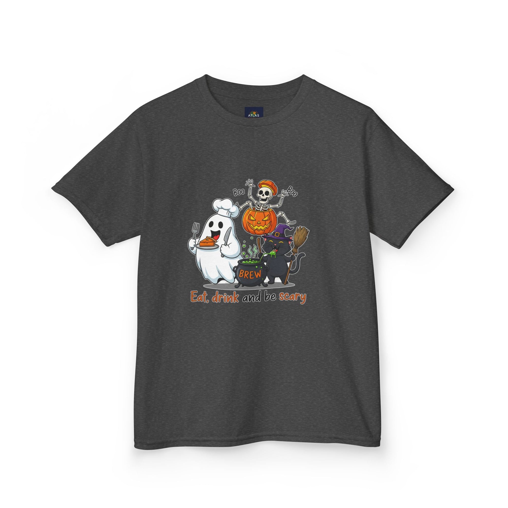 Eat Drink and Be Scary Kids Halloween T-Shirt | Cute Ghost Skeleton Pumpkin Cat Shirt for Boys Girls Trick or Treat Tee - Atlas Briefly