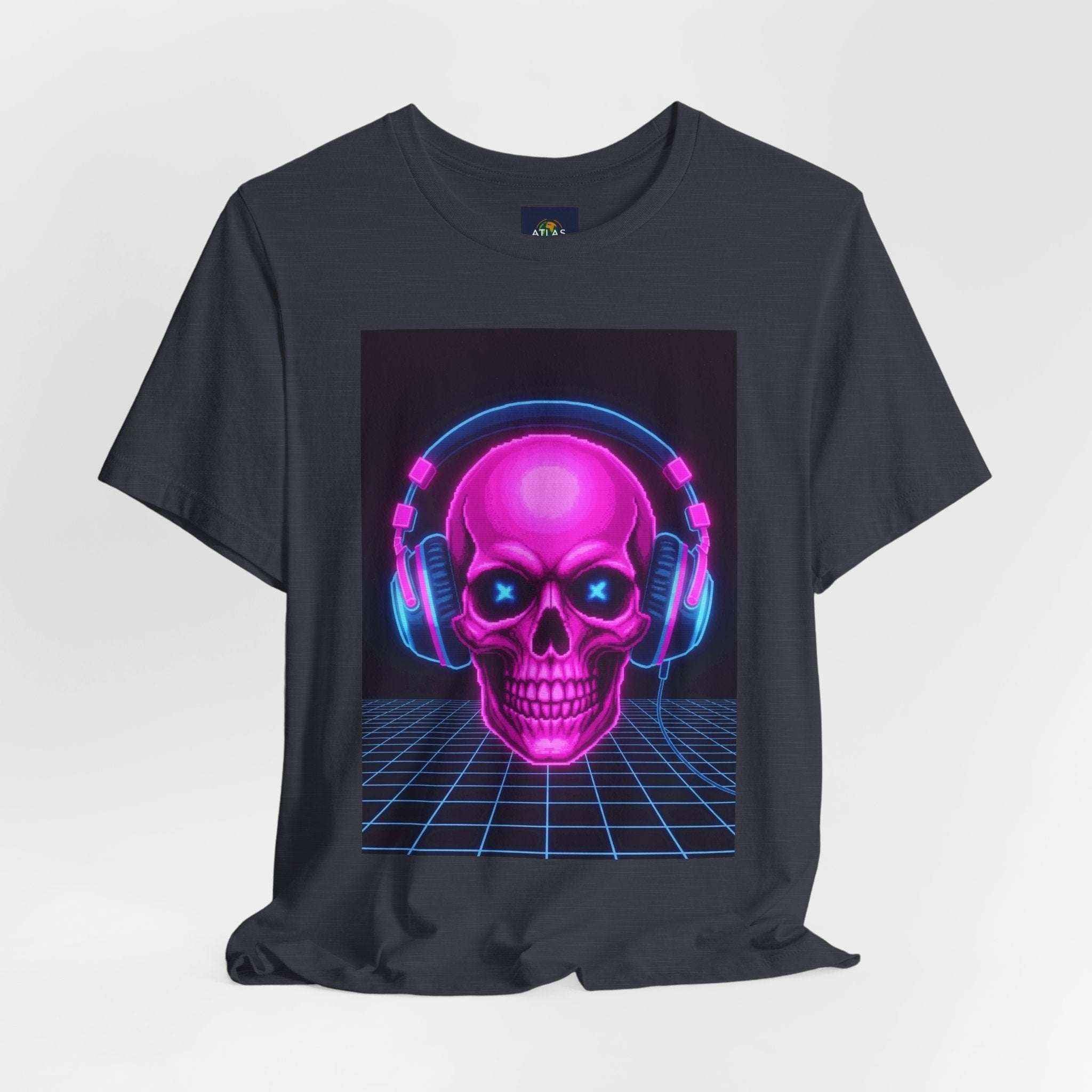 Neon Skull T-Shirt - Retro Gaming Synthwave Tee - Atlas Briefly