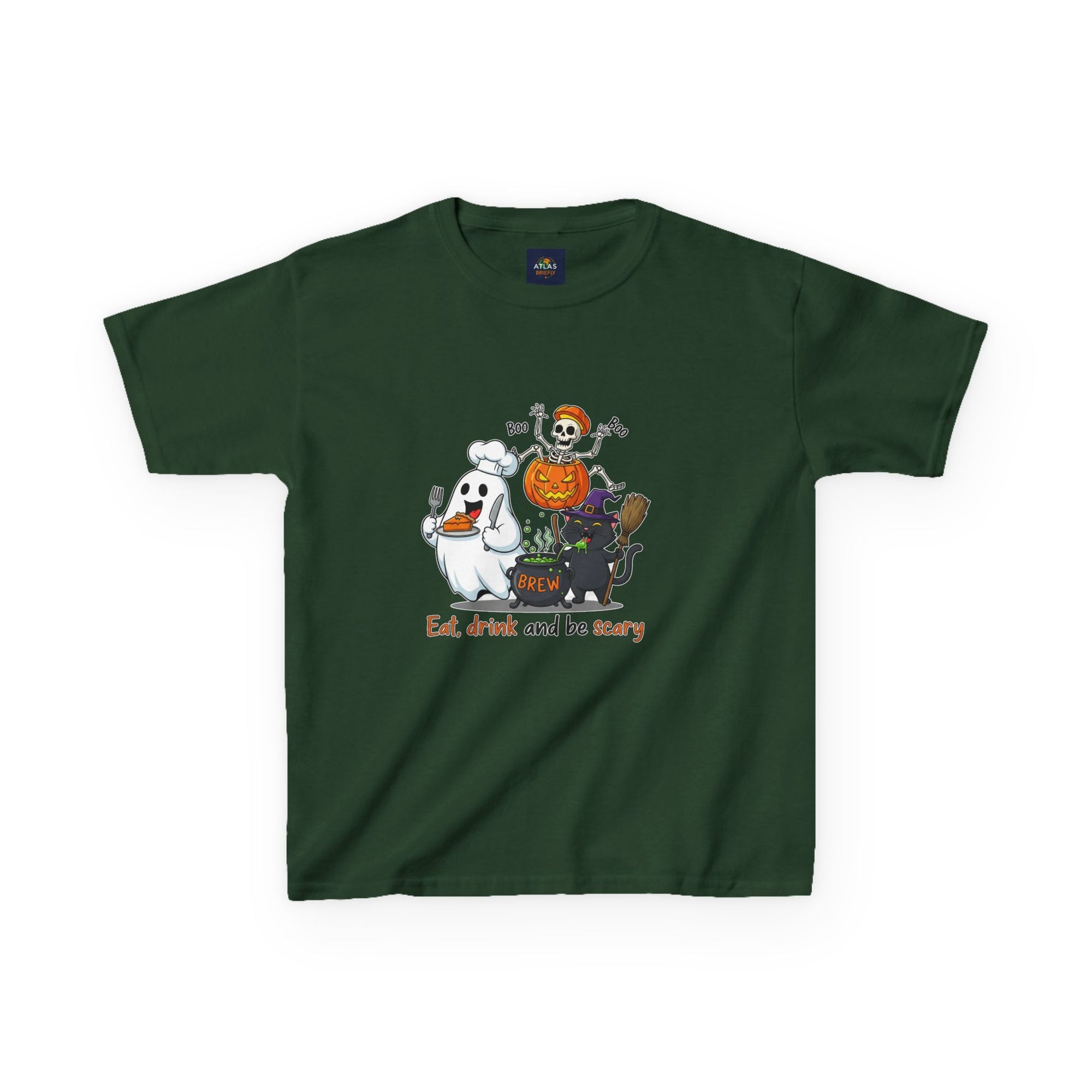 Eat Drink and Be Scary Kids Halloween T-Shirt | Cute Ghost Skeleton Pumpkin Cat Shirt for Boys Girls Trick or Treat Tee - Atlas Briefly