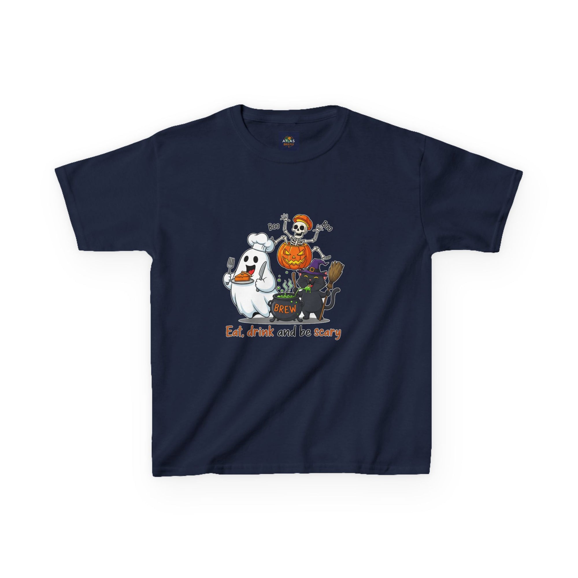 Eat Drink and Be Scary Kids Halloween T-Shirt | Cute Ghost Skeleton Pumpkin Cat Shirt for Boys Girls Trick or Treat Tee - Atlas Briefly