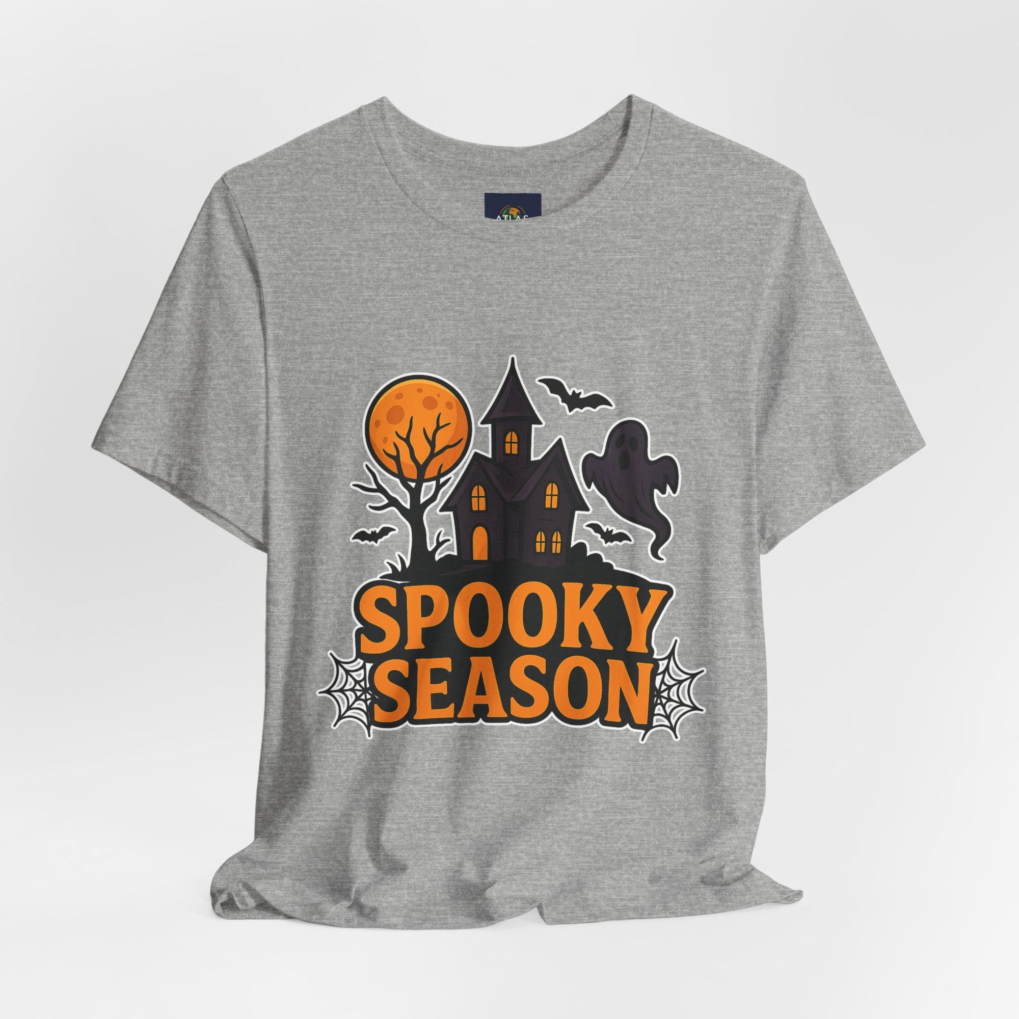 Spooky Season Halloween T-Shirt - Haunted House Ghost Bat Graphic Tee | Halloween Landscape Shirt - Atlas Briefly