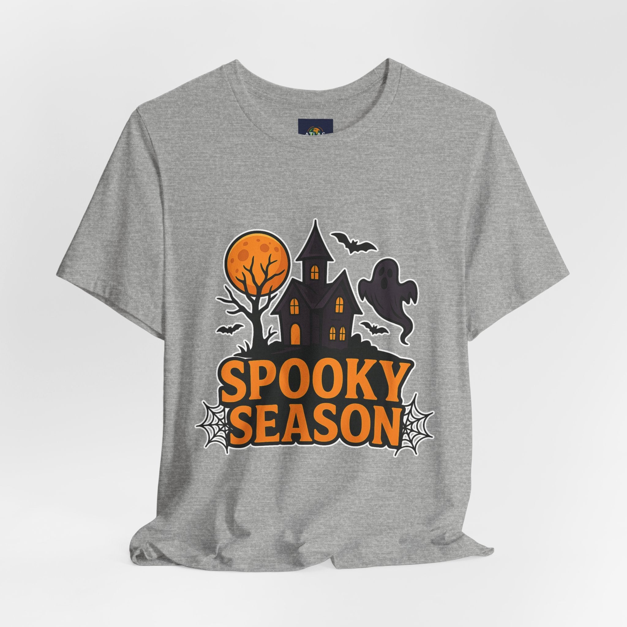 Spooky Season Halloween T-Shirt - Haunted House Ghost Bat Graphic Tee | Halloween Landscape Shirt - Atlas Briefly