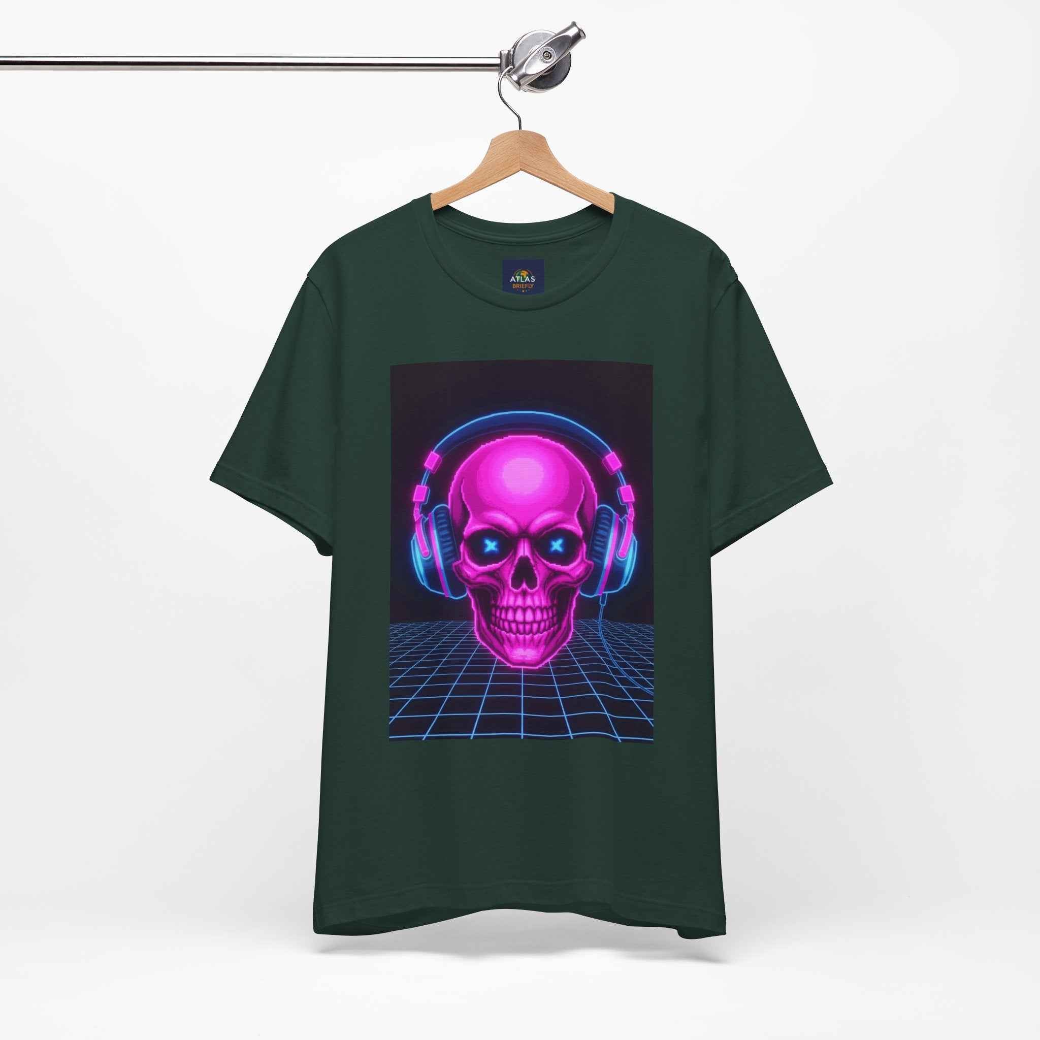 Neon Skull T-Shirt - Retro Gaming Synthwave Tee - Atlas Briefly