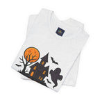 Spooky Season Halloween T-Shirt - Haunted House Ghost Bat Graphic Tee | Halloween Landscape Shirt - Atlas Briefly