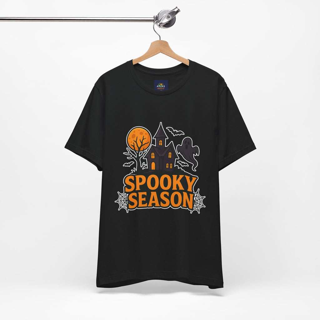 Spooky Season Halloween T-Shirt - Haunted House Ghost Bat Graphic Tee | Halloween Landscape Shirt - Atlas Briefly