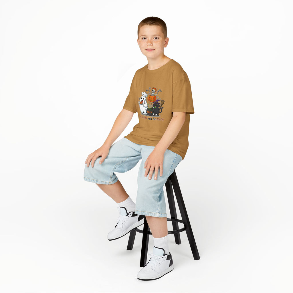 Eat Drink and Be Scary Kids Halloween T-Shirt | Cute Ghost Skeleton Pumpkin Cat Shirt for Boys Girls Trick or Treat Tee - Atlas Briefly