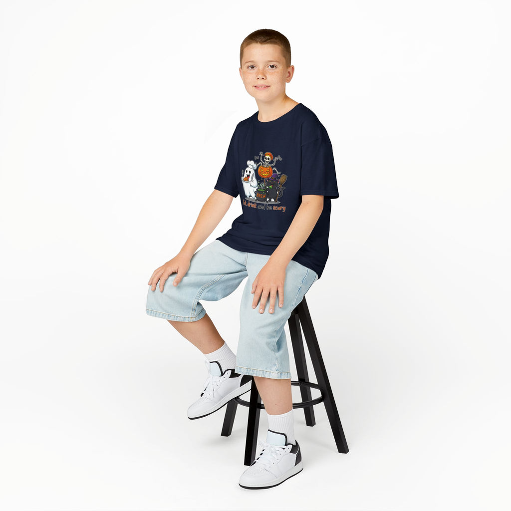 Eat Drink and Be Scary Kids Halloween T-Shirt | Cute Ghost Skeleton Pumpkin Cat Shirt for Boys Girls Trick or Treat Tee - Atlas Briefly