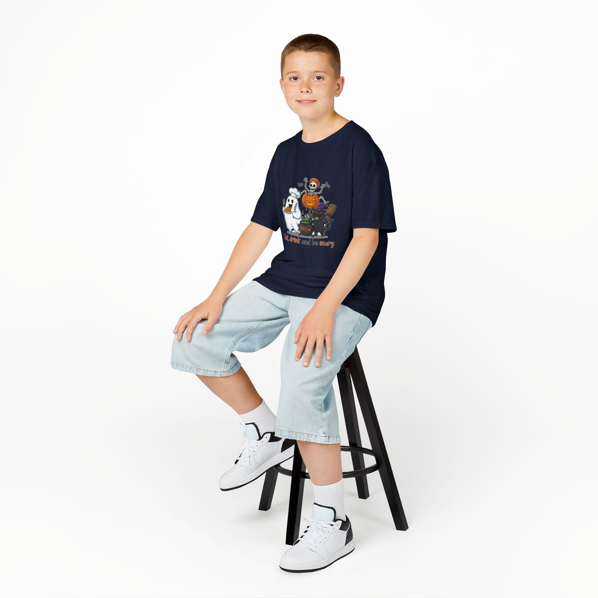 Eat Drink and Be Scary Kids Halloween T-Shirt | Cute Ghost Skeleton Pumpkin Cat Shirt for Boys Girls Trick or Treat Tee - Atlas Briefly