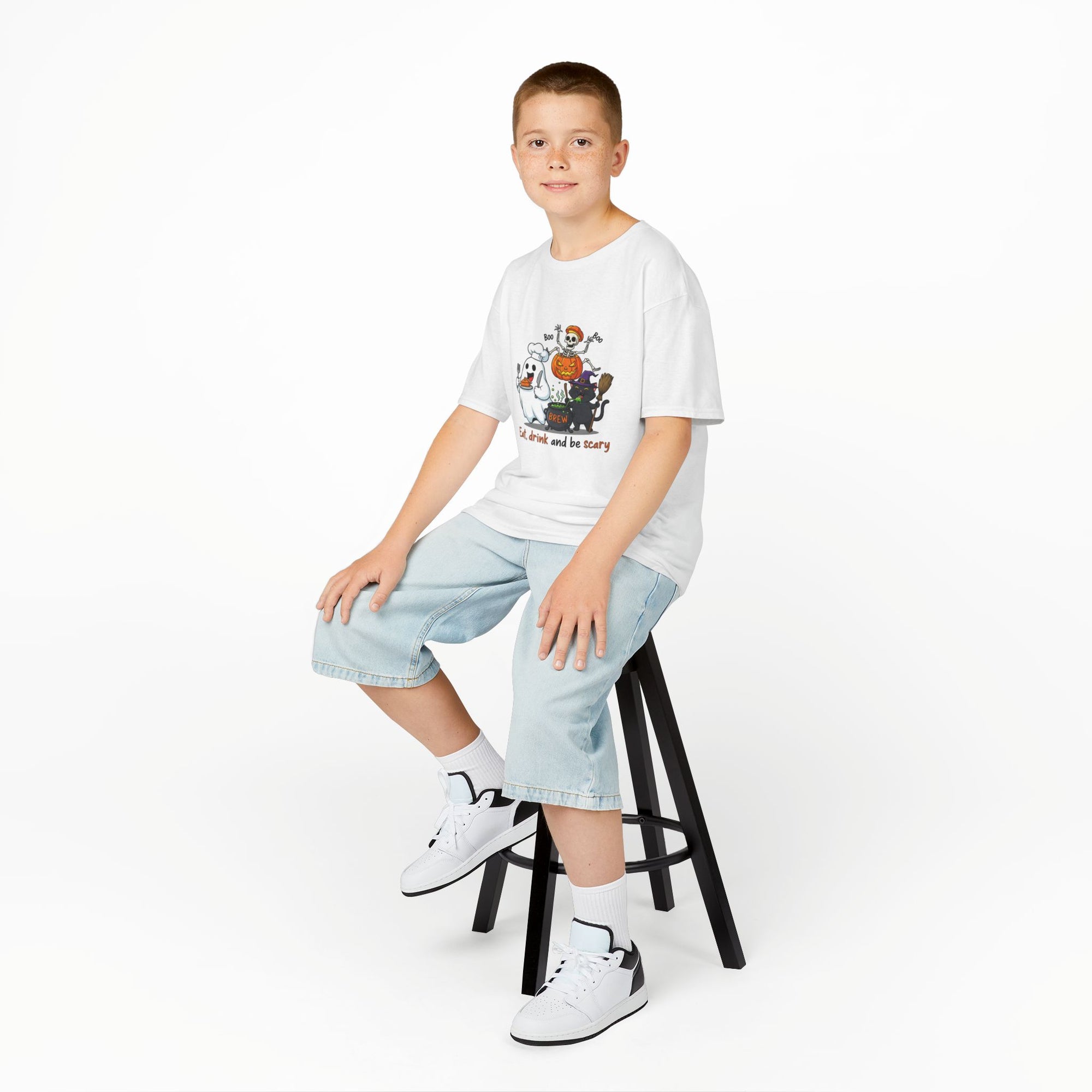 Eat Drink and Be Scary Kids Halloween T-Shirt | Cute Ghost Skeleton Pumpkin Cat Shirt for Boys Girls Trick or Treat Tee - Atlas Briefly