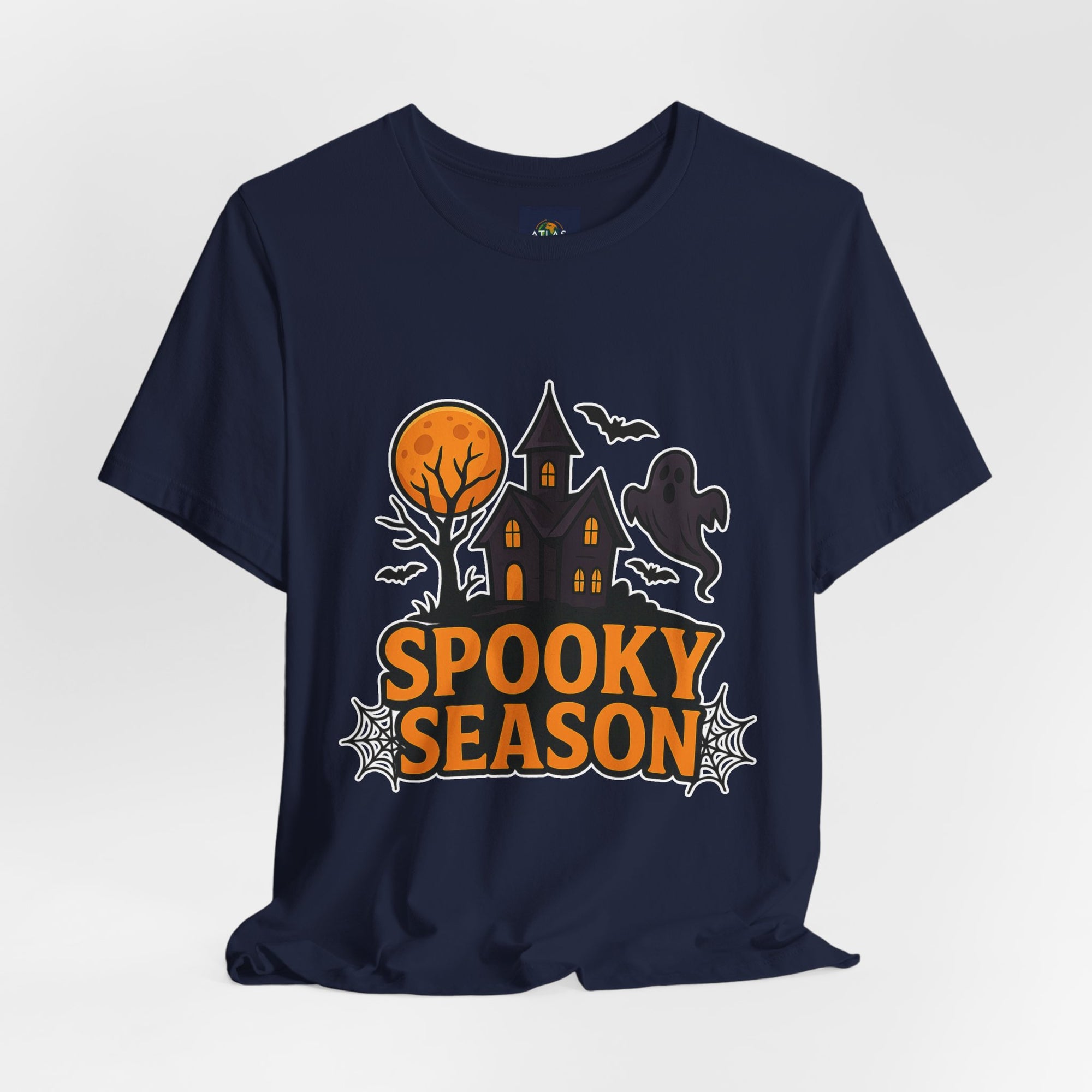 Spooky Season Halloween T-Shirt - Haunted House Ghost Bat Graphic Tee | Halloween Landscape Shirt - Atlas Briefly