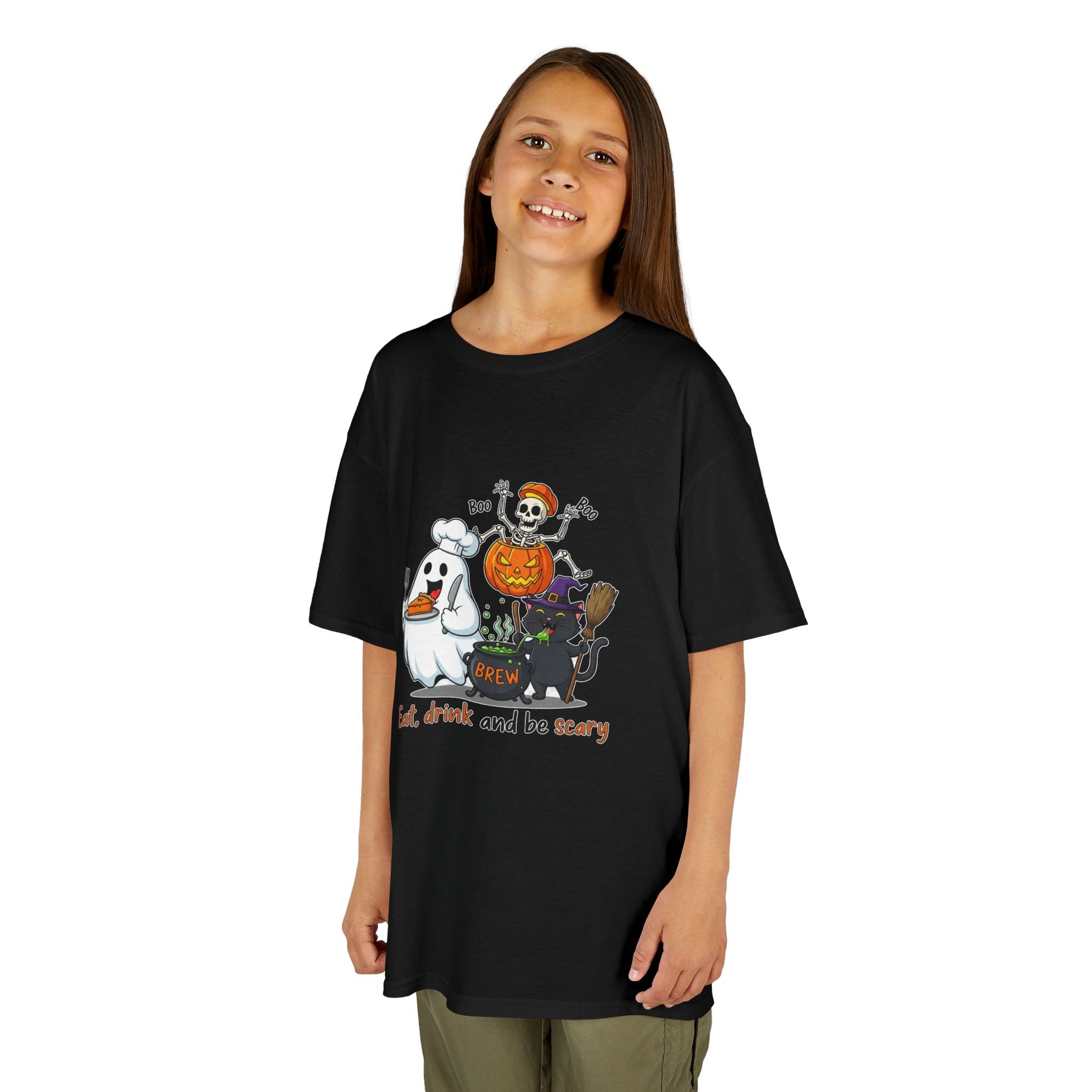 Eat Drink and Be Scary Kids Halloween T-Shirt | Cute Ghost Skeleton Pumpkin Cat Shirt for Boys Girls Trick or Treat Tee - Atlas Briefly
