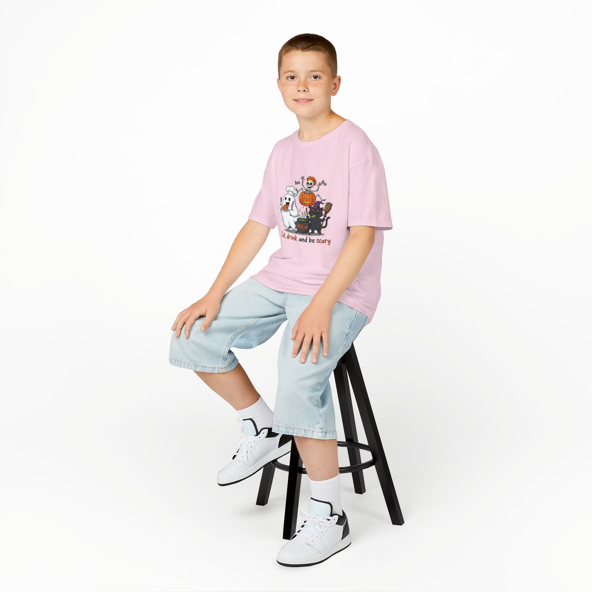 Eat Drink and Be Scary Kids Halloween T-Shirt | Cute Ghost Skeleton Pumpkin Cat Shirt for Boys Girls Trick or Treat Tee - Atlas Briefly