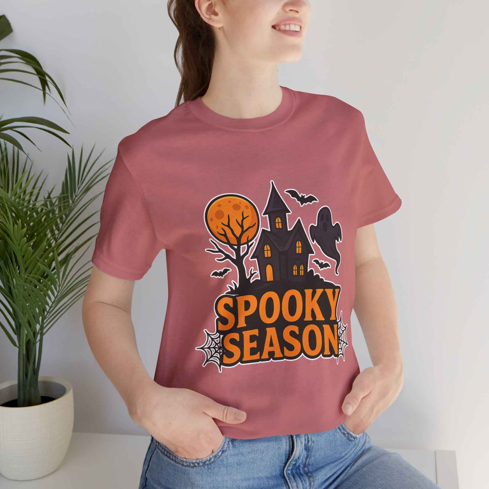 Spooky Season Halloween T-Shirt - Haunted House Ghost Bat Graphic Tee for Halloween Enthusiasts - Atlas Briefly