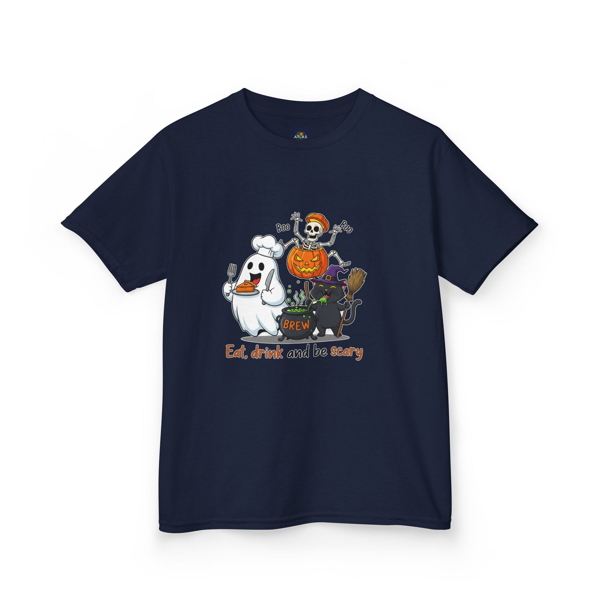 Eat Drink and Be Scary Kids Halloween T-Shirt | Cute Ghost Skeleton Pumpkin Cat Shirt for Boys Girls Trick or Treat Tee - Atlas Briefly