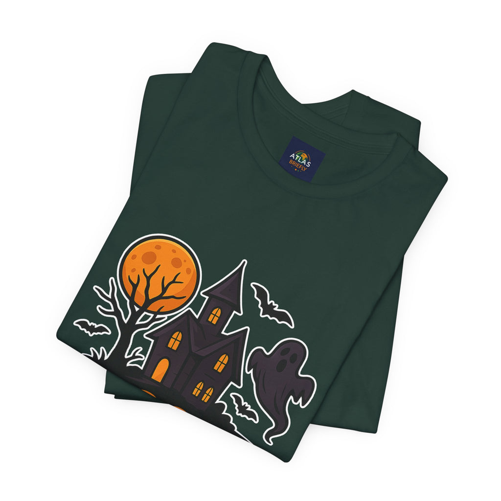 Spooky Season Halloween T-Shirt - Haunted House Ghost Bat Graphic Tee | Halloween Landscape Shirt - Atlas Briefly