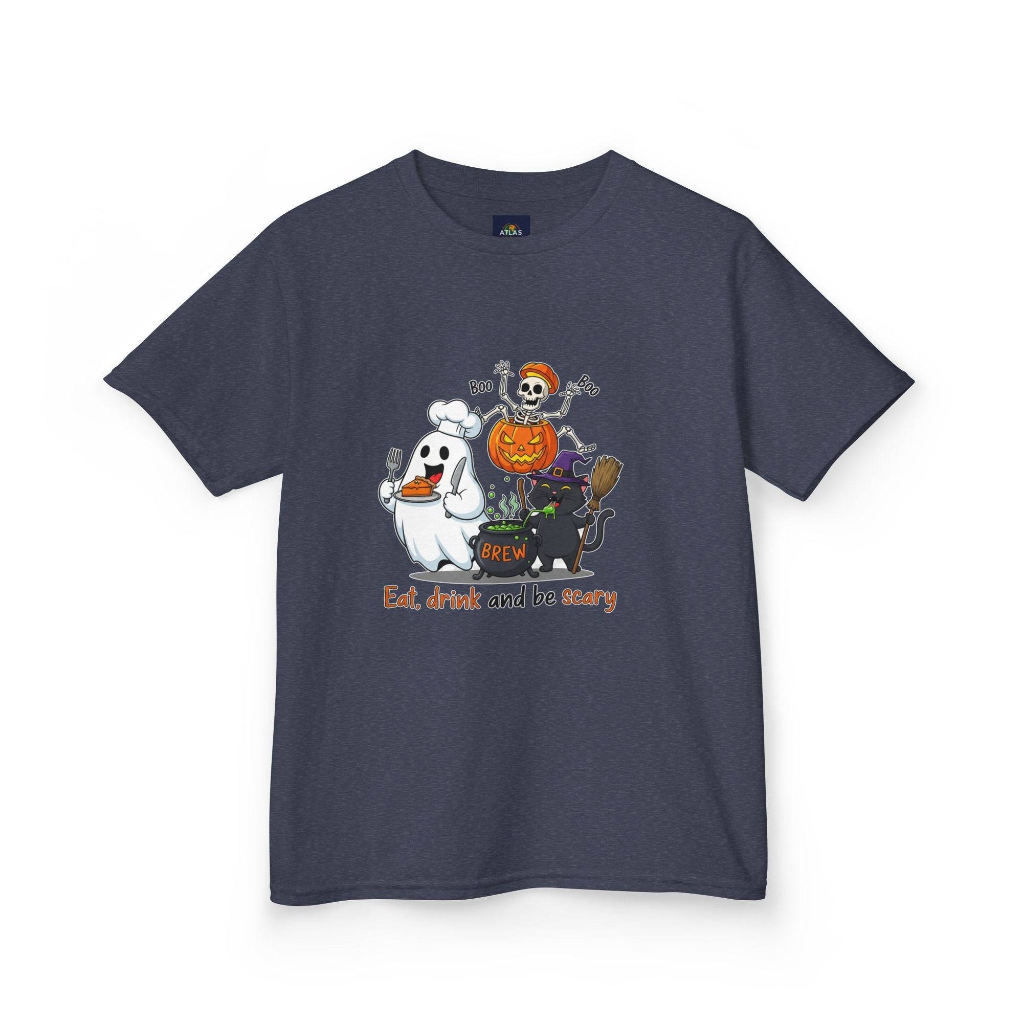 Eat Drink and Be Scary Kids Halloween T-Shirt | Cute Ghost Skeleton Pumpkin Cat Shirt for Boys Girls Trick or Treat Tee - Atlas Briefly