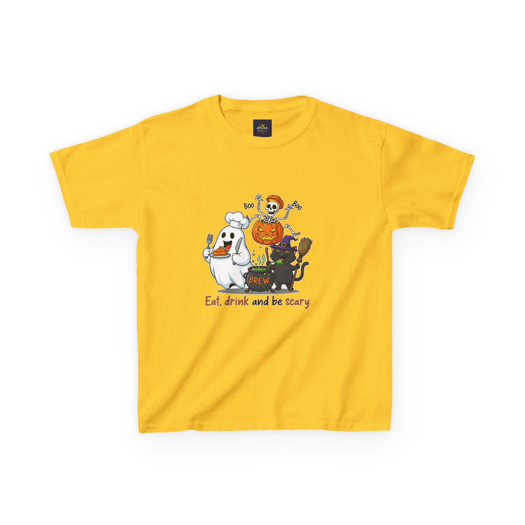 Eat Drink and Be Scary Kids Halloween T-Shirt | Cute Ghost Skeleton Pumpkin Cat Shirt for Boys Girls Trick or Treat Tee - Atlas Briefly