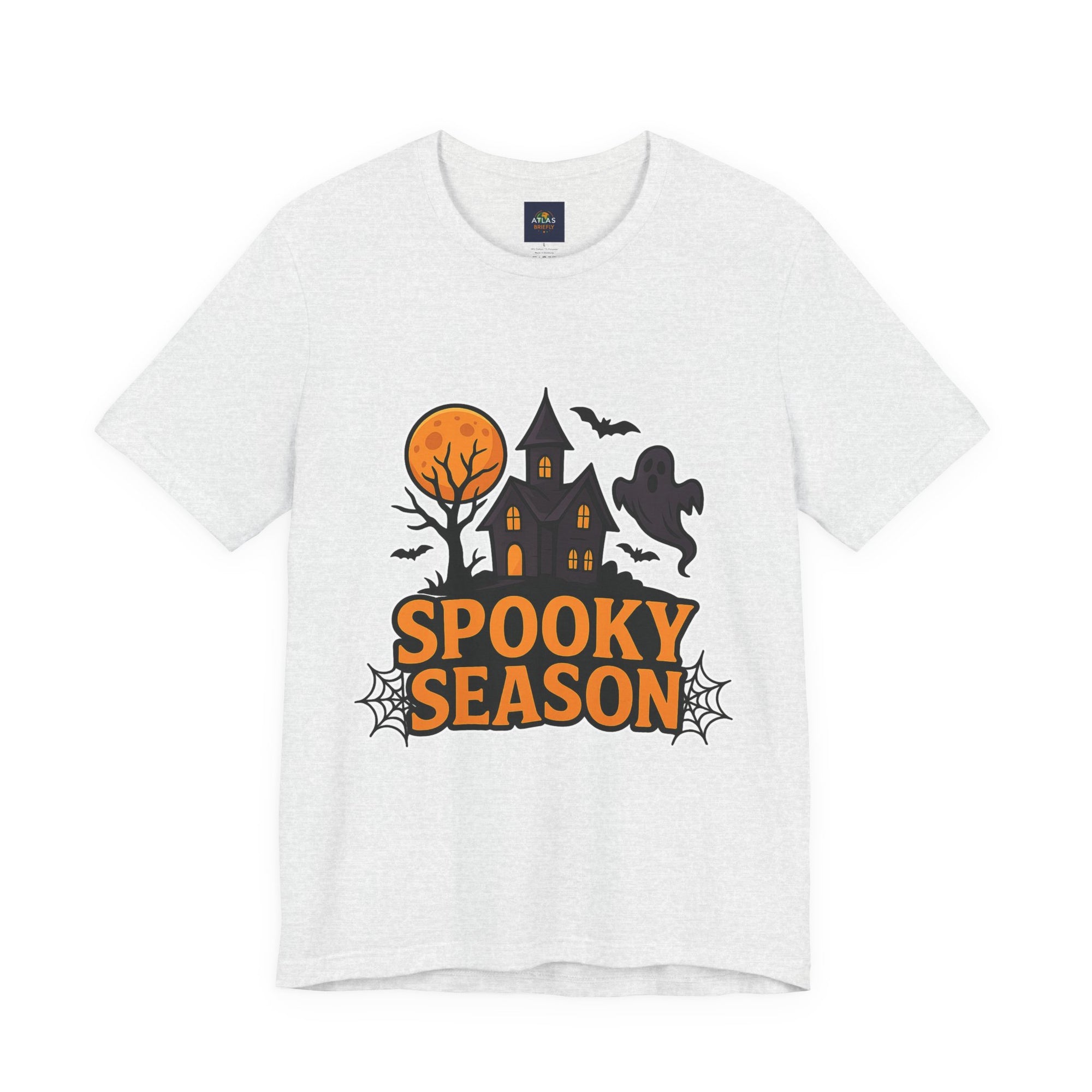 Spooky Season Halloween T-Shirt - Haunted House Ghost Bat Graphic Tee | Halloween Landscape Shirt - Atlas Briefly