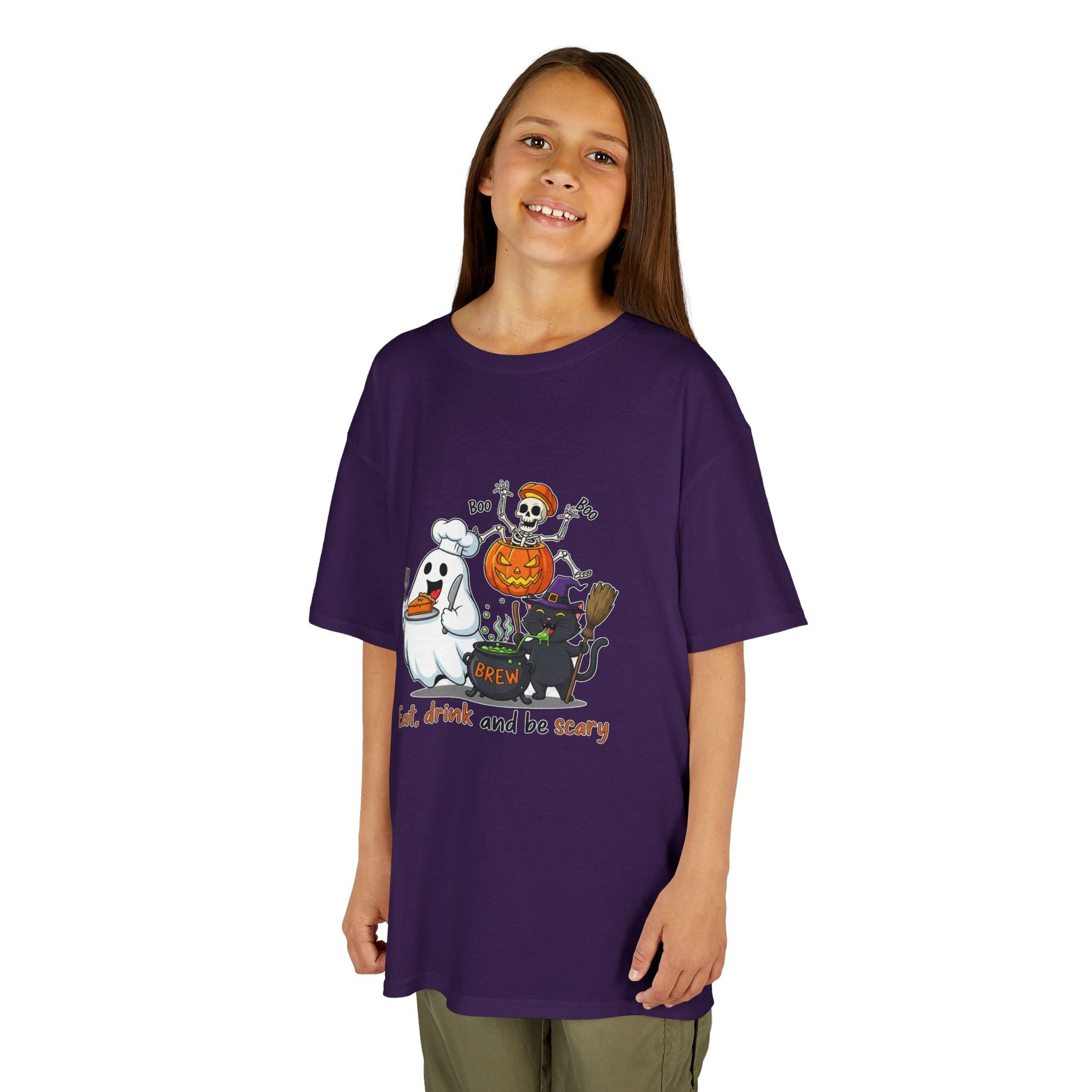 Eat Drink and Be Scary Kids Halloween T-Shirt | Cute Ghost Skeleton Pumpkin Cat Shirt for Boys Girls Trick or Treat Tee - Atlas Briefly
