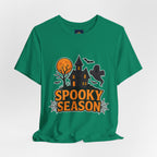 Spooky Season Halloween T-Shirt - Haunted House Ghost Bat Graphic Tee | Halloween Landscape Shirt - Atlas Briefly