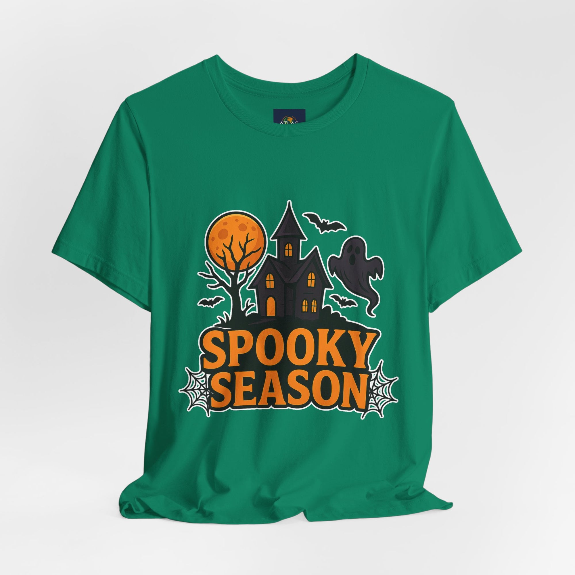 Spooky Season Halloween T-Shirt - Haunted House Ghost Bat Graphic Tee | Halloween Landscape Shirt - Atlas Briefly
