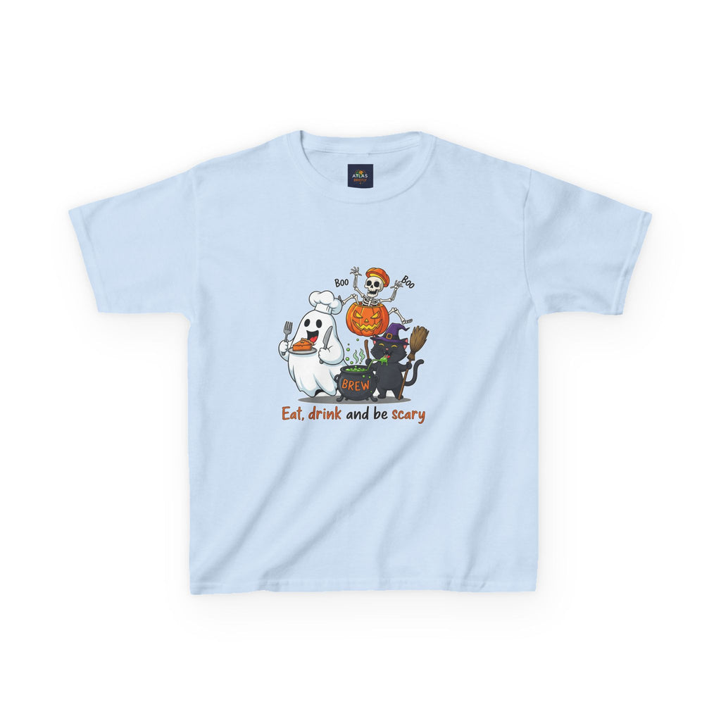 Eat Drink and Be Scary Kids Halloween T-Shirt | Cute Ghost Skeleton Pumpkin Cat Shirt for Boys Girls Trick or Treat Tee - Atlas Briefly