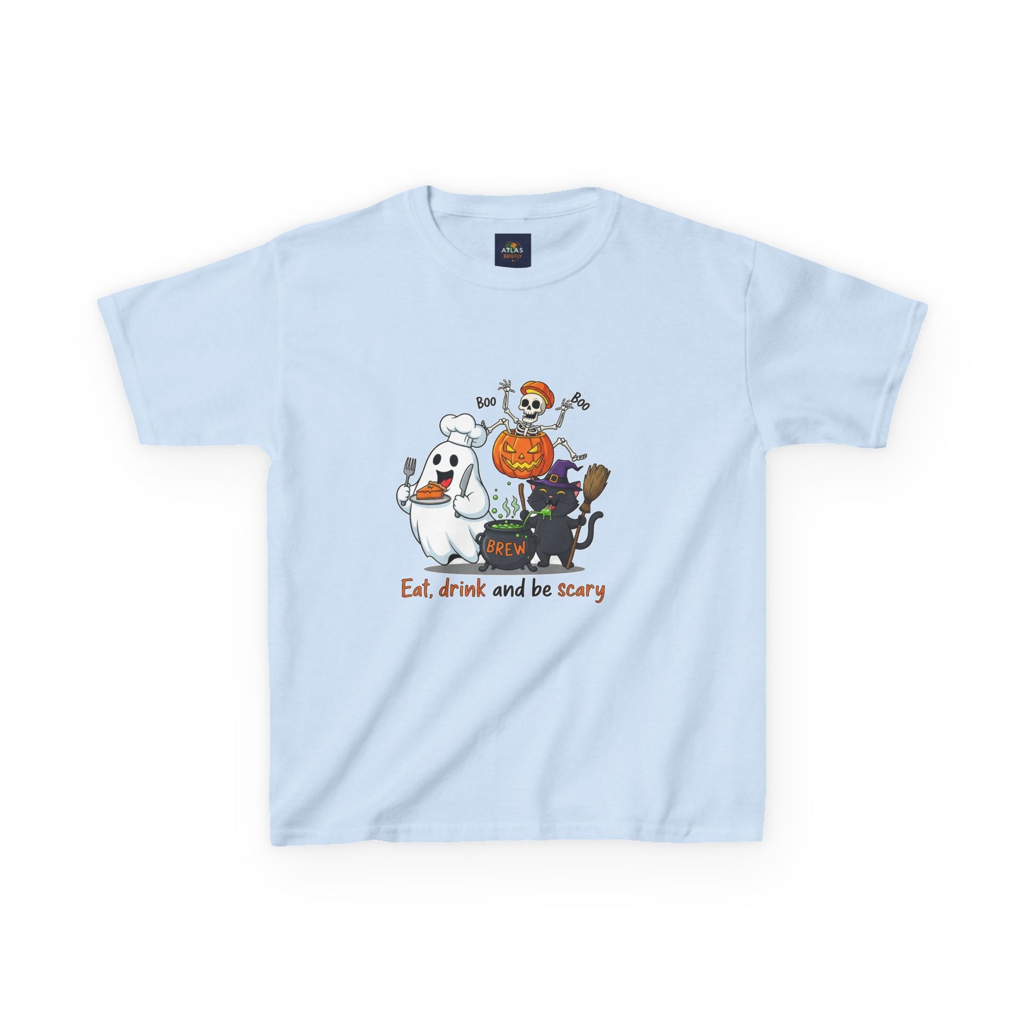 Eat Drink and Be Scary Kids Halloween T-Shirt | Cute Ghost Skeleton Pumpkin Cat Shirt for Boys Girls Trick or Treat Tee - Atlas Briefly