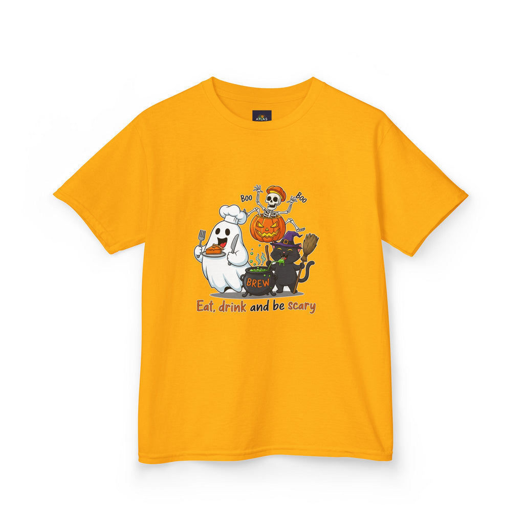 Eat Drink and Be Scary Kids Halloween T-Shirt | Cute Ghost Skeleton Pumpkin Cat Shirt for Boys Girls Trick or Treat Tee - Atlas Briefly
