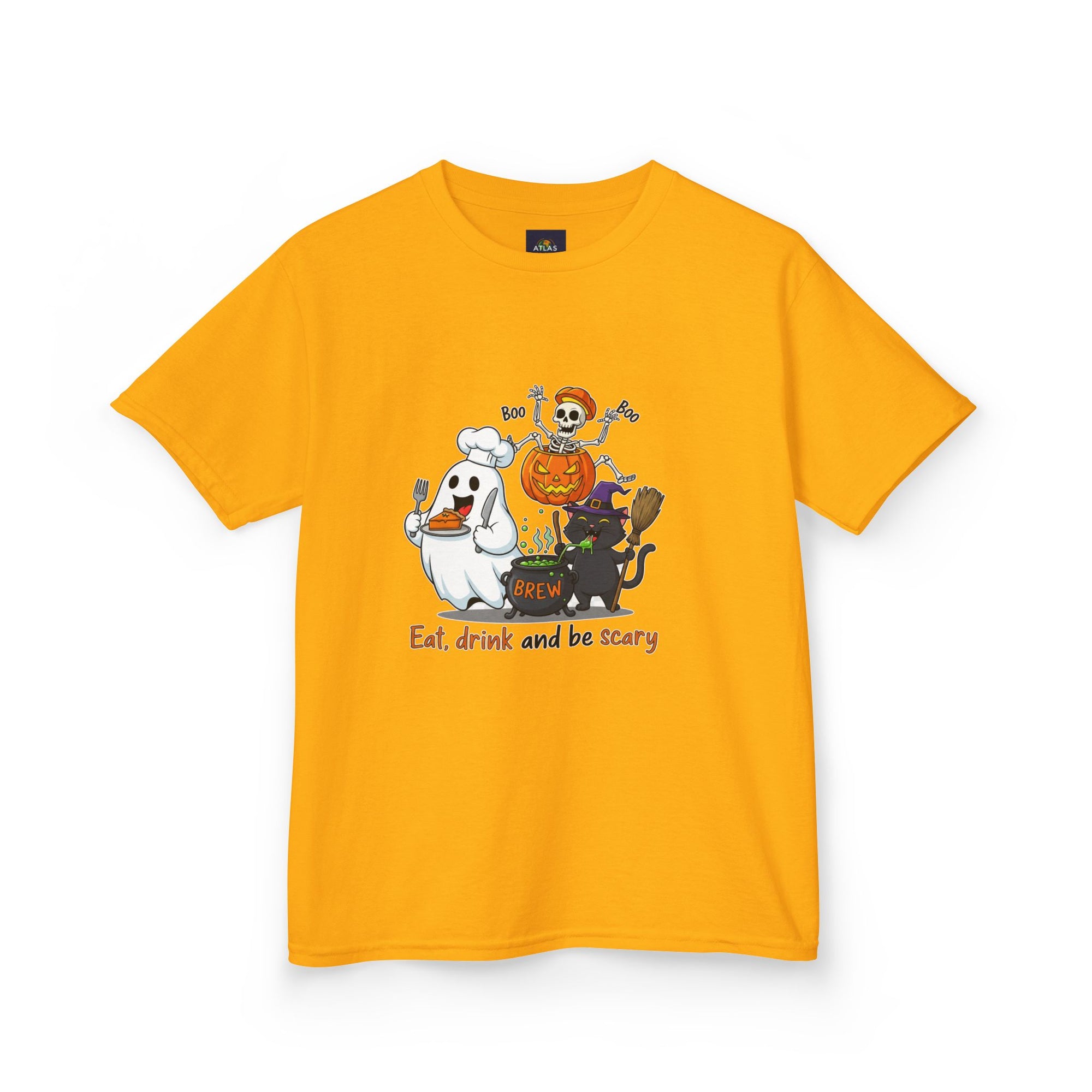 Eat Drink and Be Scary Kids Halloween T-Shirt | Cute Ghost Skeleton Pumpkin Cat Shirt for Boys Girls Trick or Treat Tee - Atlas Briefly