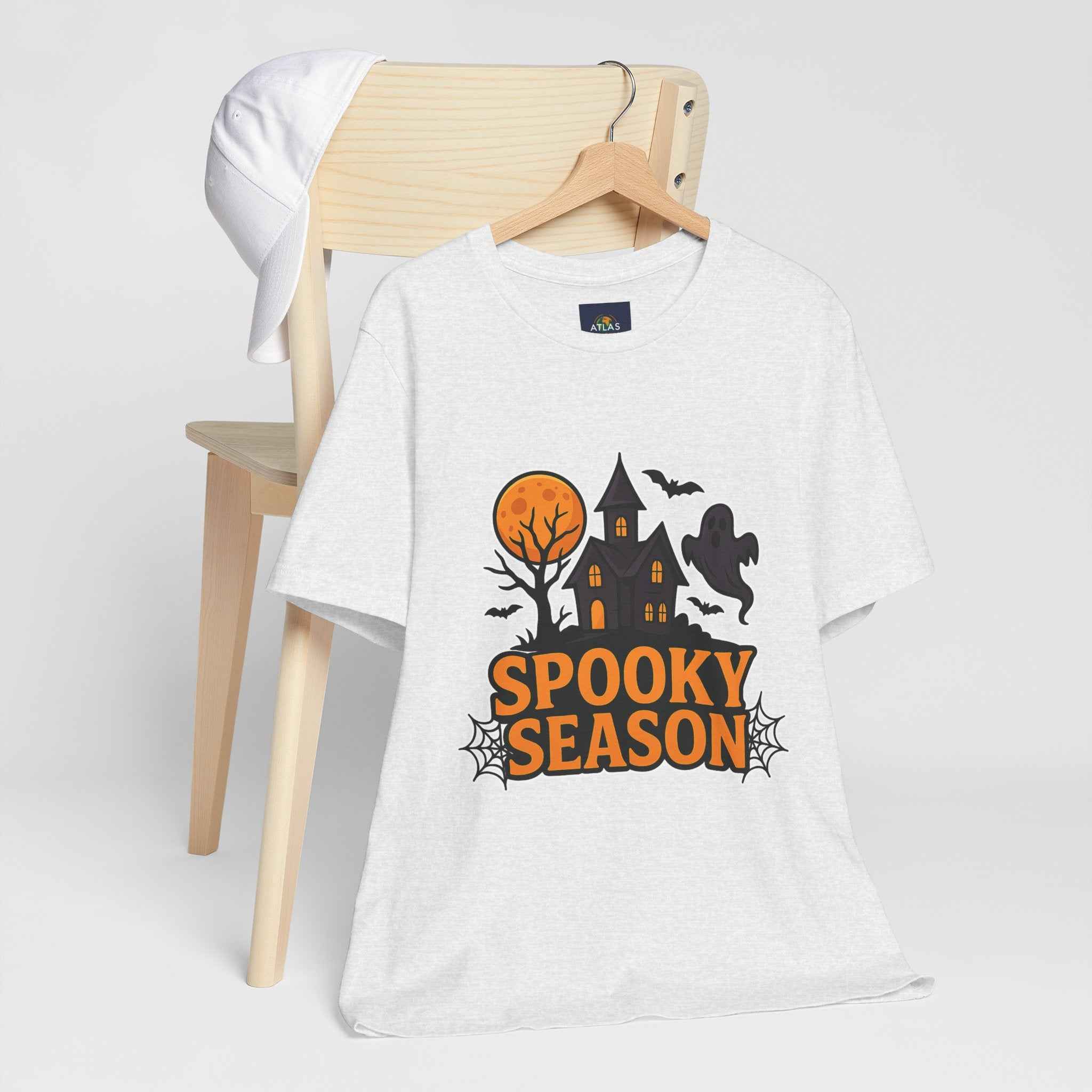 Spooky Season Halloween T-Shirt - Haunted House Ghost Bat Graphic Tee for Halloween Enthusiasts - Atlas Briefly