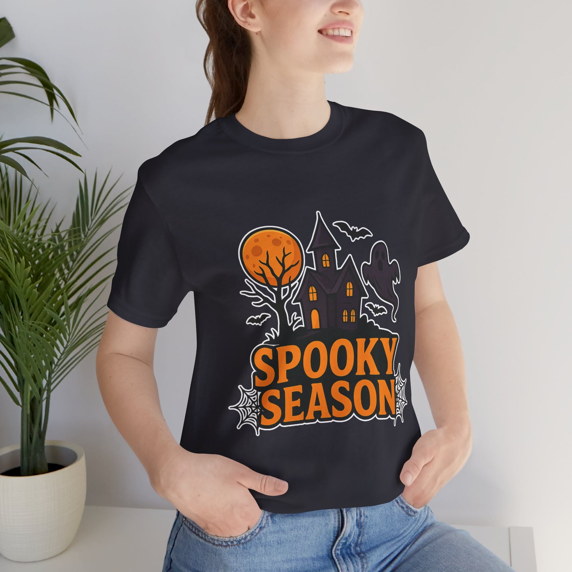 Spooky Season Halloween T-Shirt - Haunted House Ghost Bat Graphic Tee | Halloween Landscape Shirt - Atlas Briefly