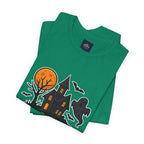 Spooky Season Halloween T-Shirt - Haunted House Ghost Bat Graphic Tee | Halloween Landscape Shirt - Atlas Briefly