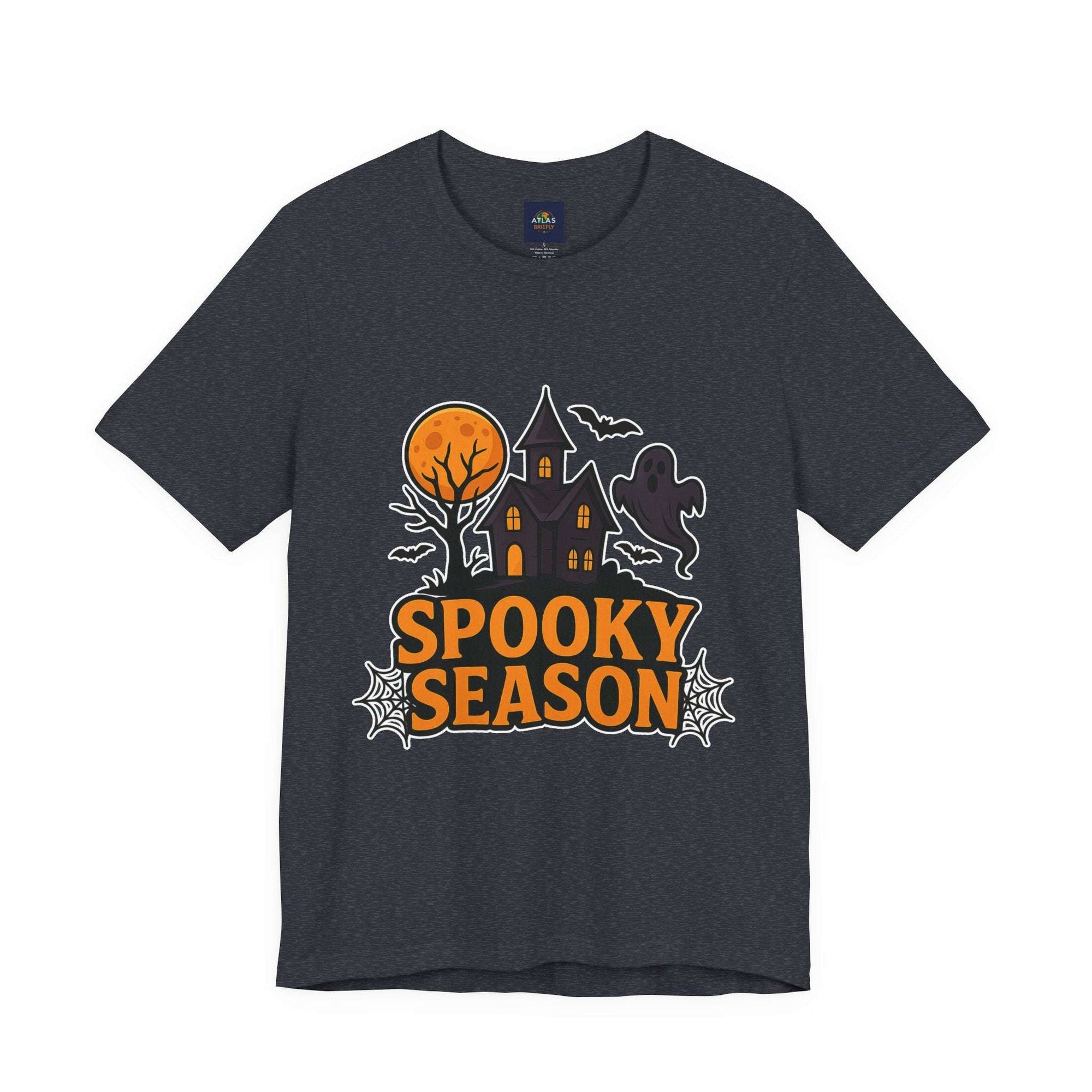 Spooky Season Halloween T-Shirt - Haunted House Ghost Bat Graphic Tee | Halloween Landscape Shirt - Atlas Briefly