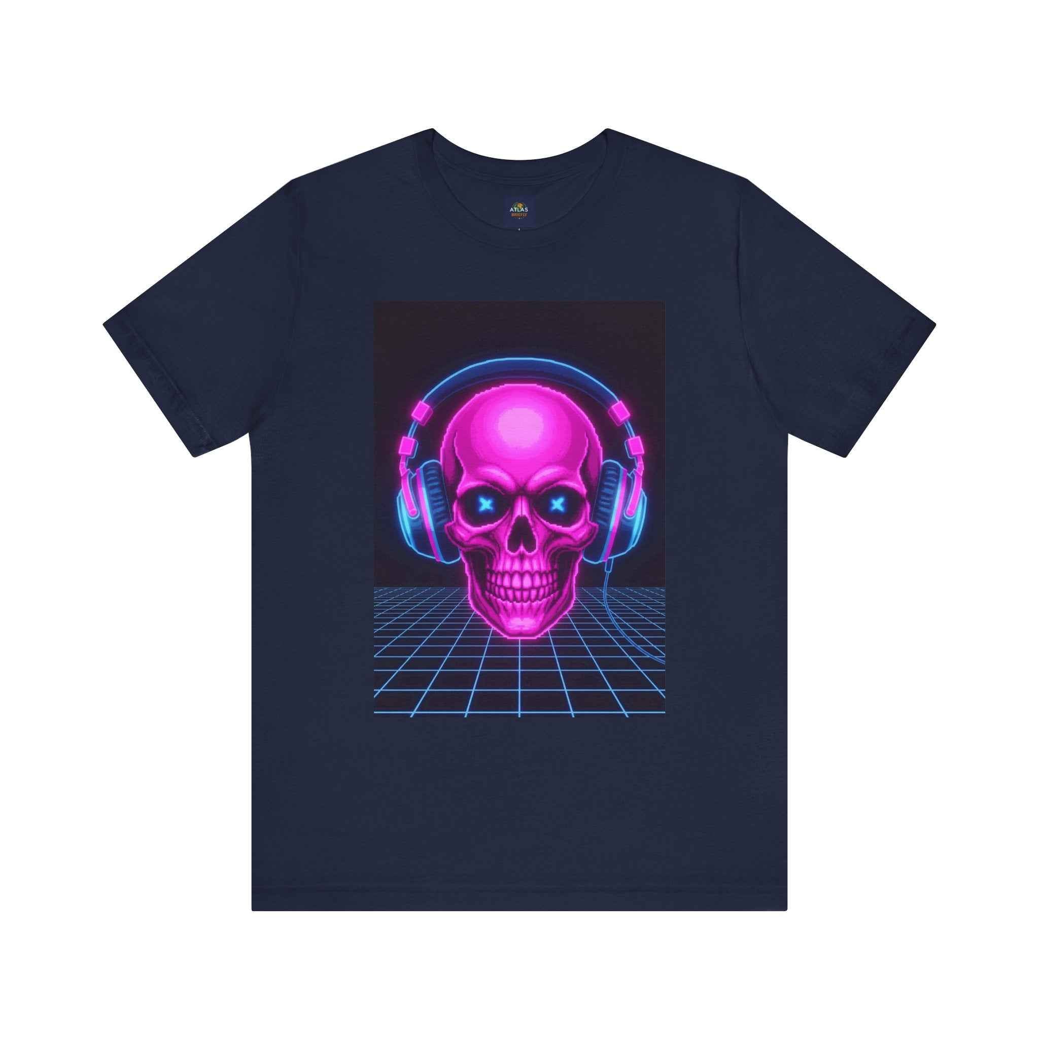 Neon Skull T-Shirt - Retro Gaming Synthwave Tee - Atlas Briefly