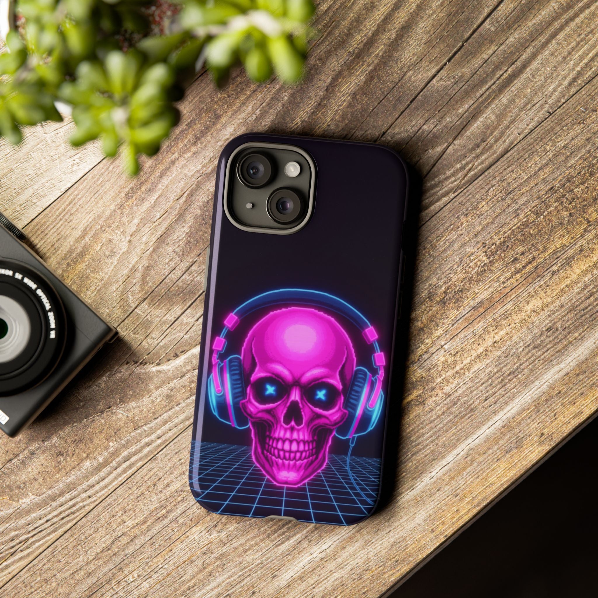 Neon Skull Synthwave Phone Case - Retro 80s Cyberpunk Mobile Cover | Vaporwave Tech Gift - Atlas Briefly