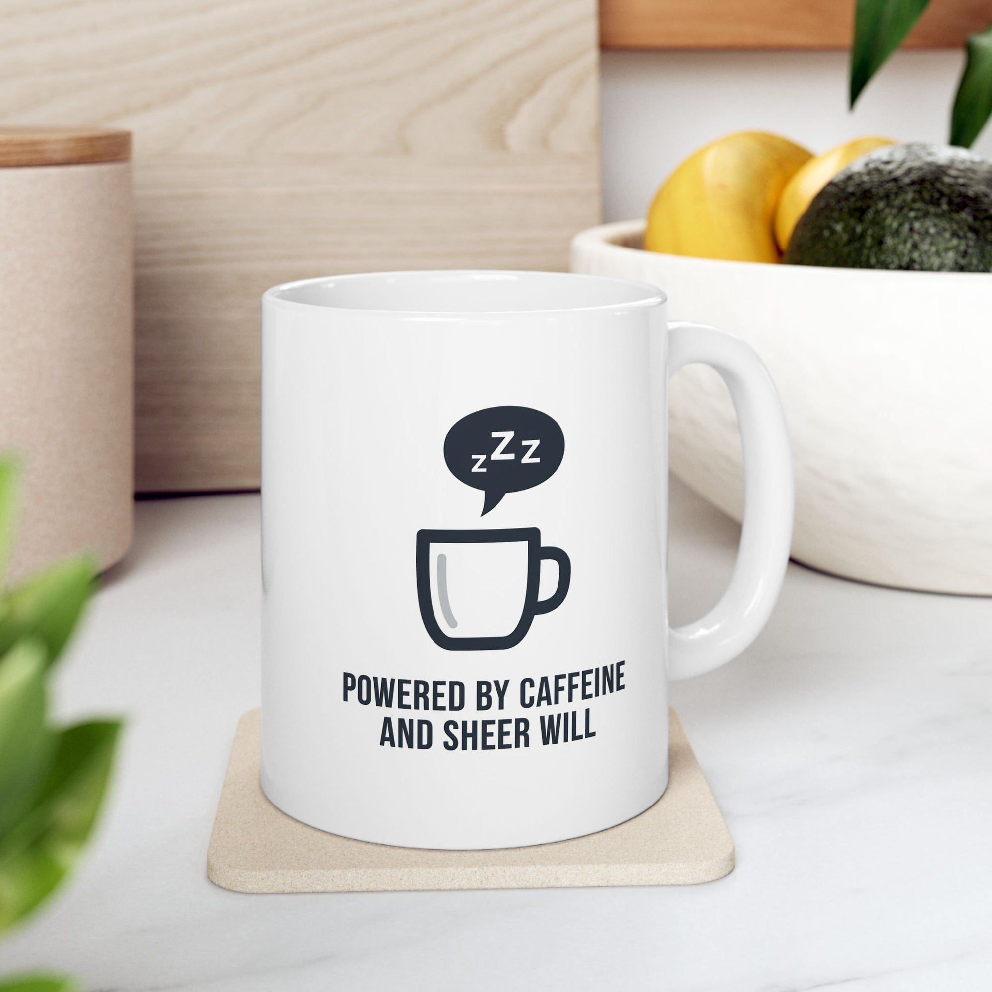 Powered by Caffeine and Sheer Will Mug - Funny Coffee Cup | Minimalist Humor Gift US Version - Atlas Briefly
