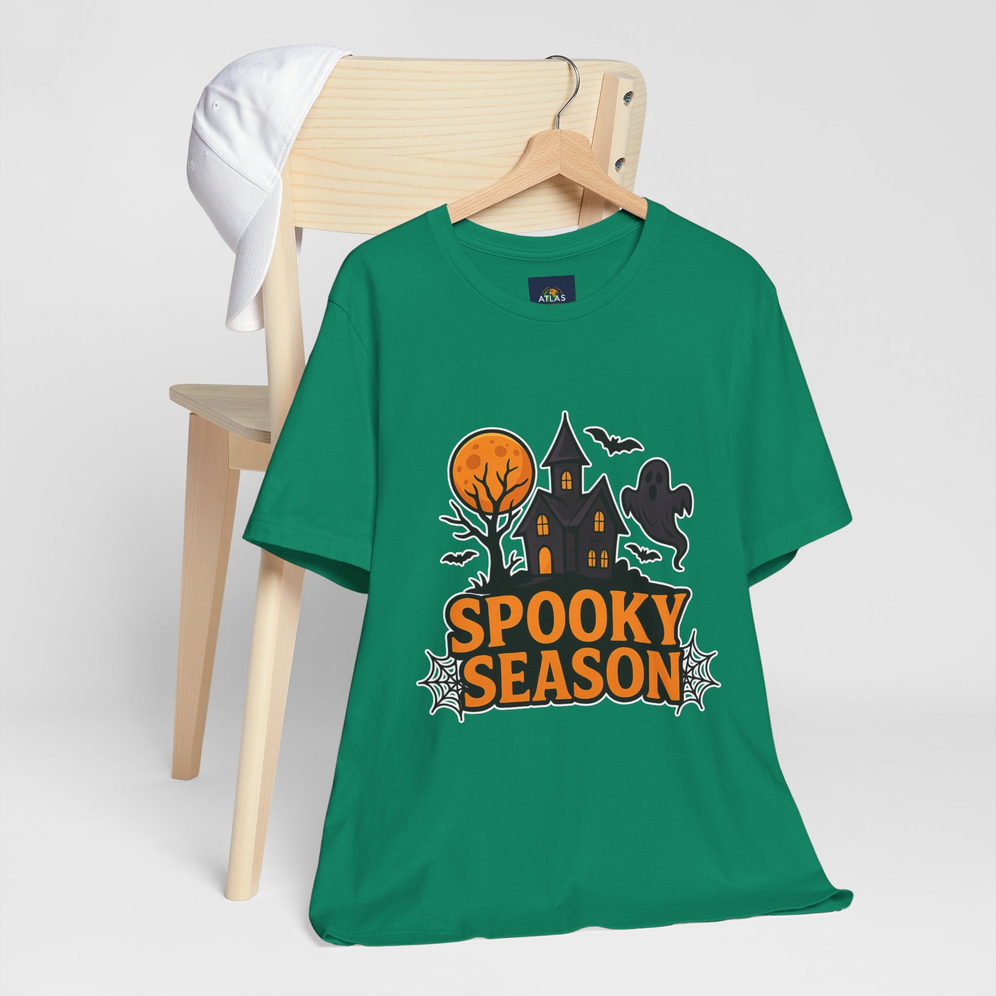 Spooky Season Halloween T-Shirt - Haunted House Ghost Bat Graphic Tee | Halloween Landscape Shirt - Atlas Briefly