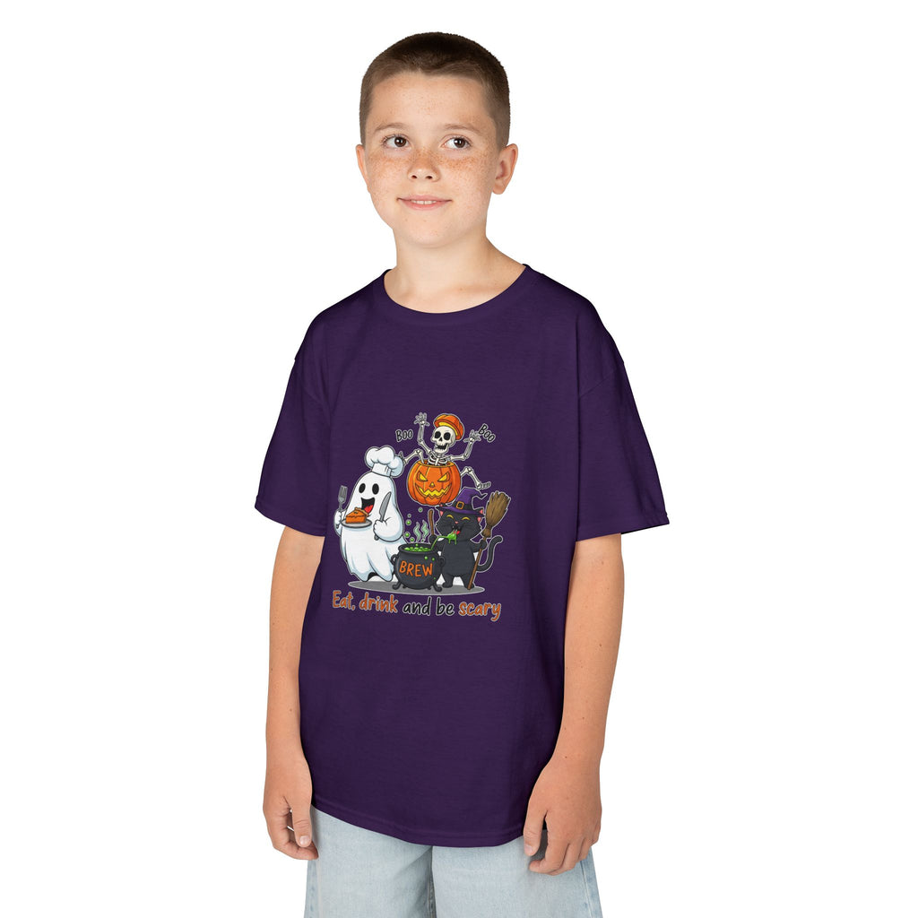 Eat Drink and Be Scary Kids Halloween T-Shirt | Cute Ghost Skeleton Pumpkin Cat Shirt for Boys Girls Trick or Treat Tee - Atlas Briefly