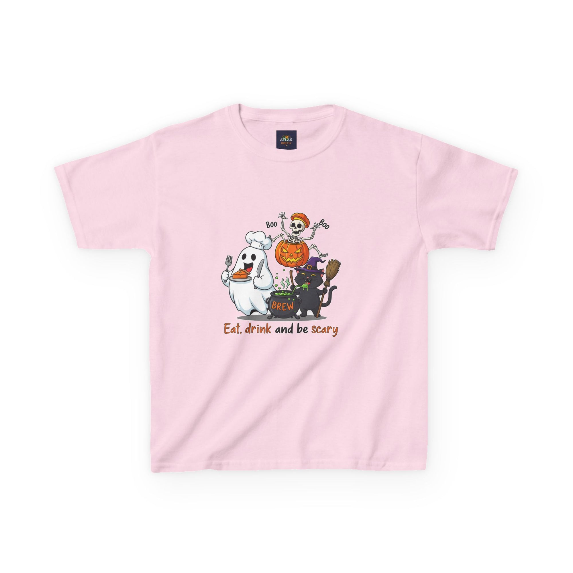 Eat Drink and Be Scary Kids Halloween T-Shirt | Cute Ghost Skeleton Pumpkin Cat Shirt for Boys Girls Trick or Treat Tee - Atlas Briefly