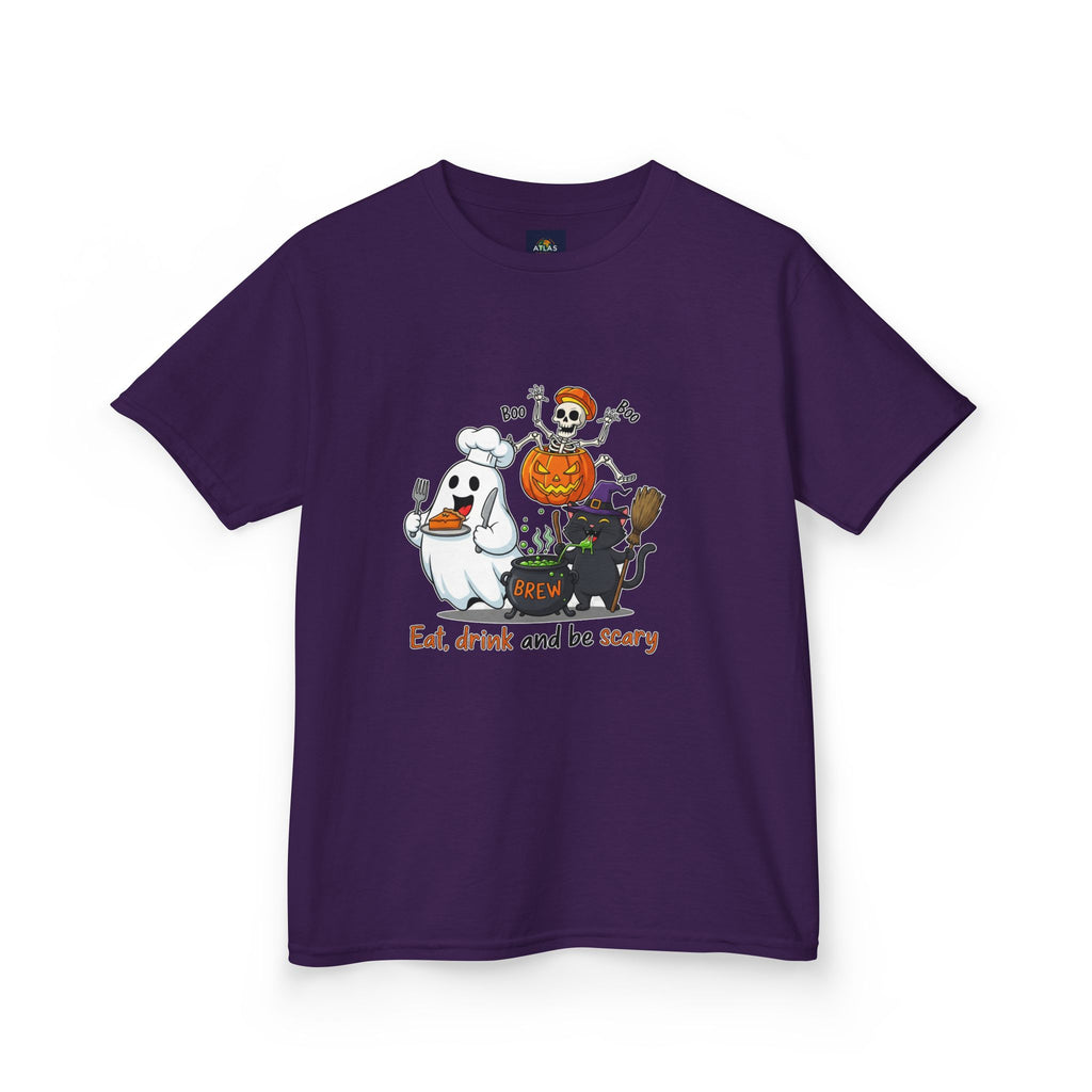 Eat Drink and Be Scary Kids Halloween T-Shirt | Cute Ghost Skeleton Pumpkin Cat Shirt for Boys Girls Trick or Treat Tee - Atlas Briefly