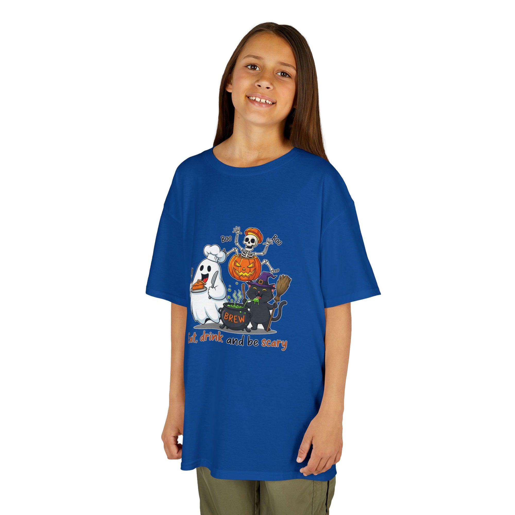 Eat Drink and Be Scary Kids Halloween T-Shirt | Cute Ghost Skeleton Pumpkin Cat Shirt for Boys Girls Trick or Treat Tee - Atlas Briefly