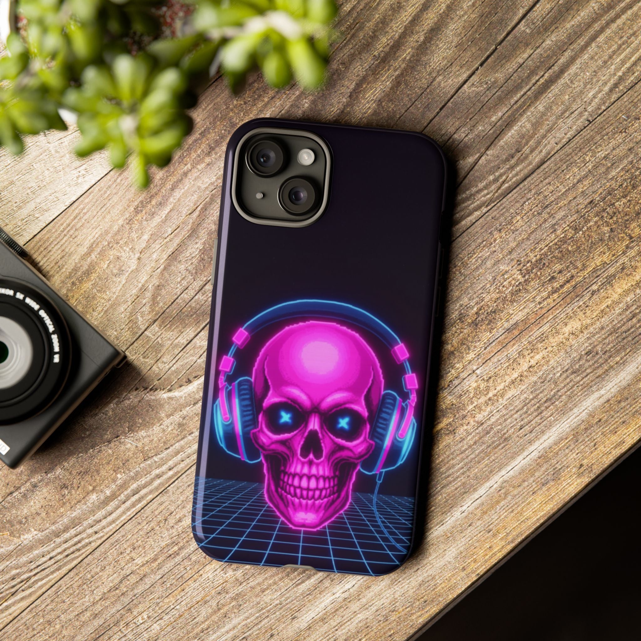 Neon Skull Synthwave Phone Case - Retro 80s Cyberpunk Mobile Cover | Vaporwave Tech Gift - Atlas Briefly