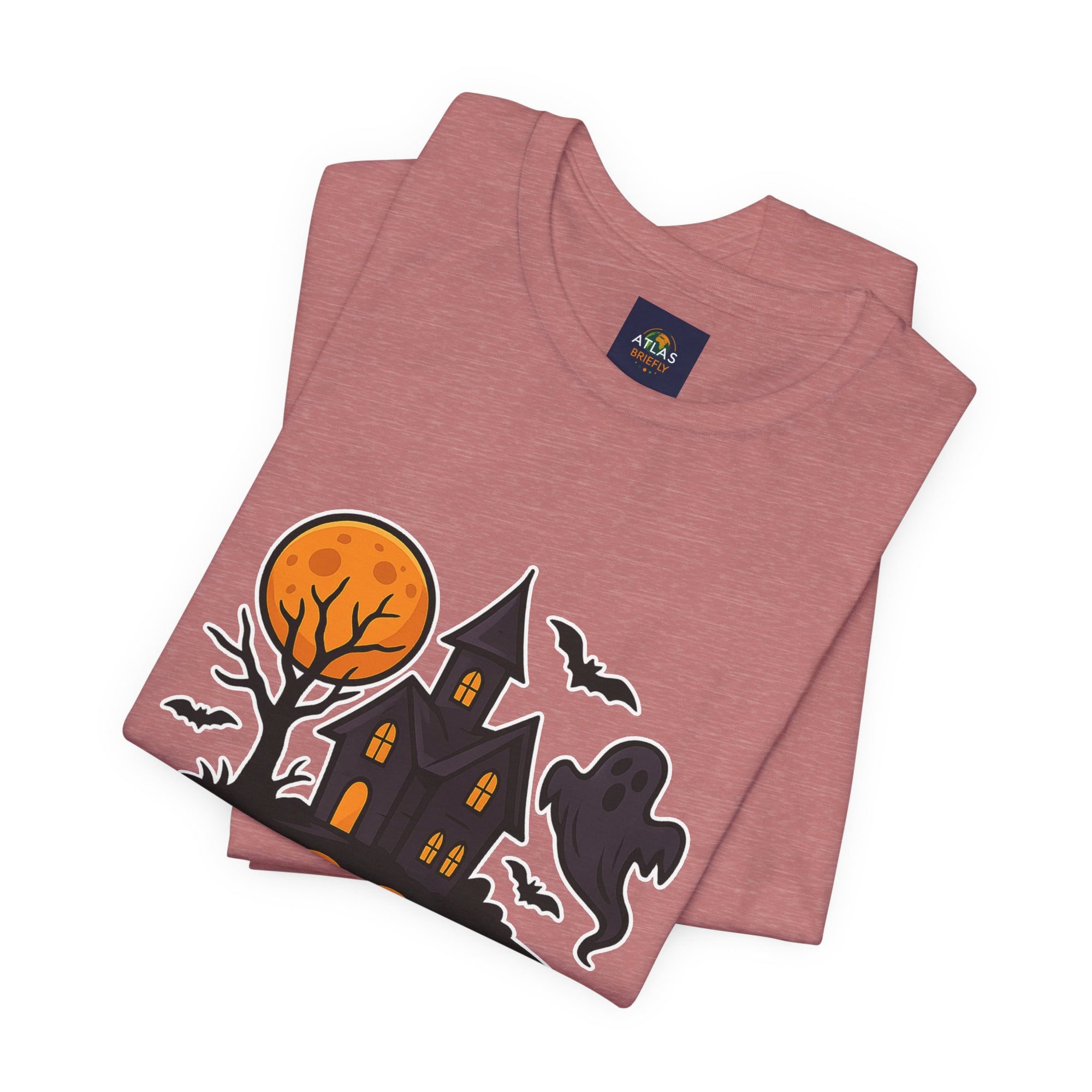 Spooky Season Halloween T-Shirt - Haunted House Ghost Bat Graphic Tee | Halloween Landscape Shirt - Atlas Briefly